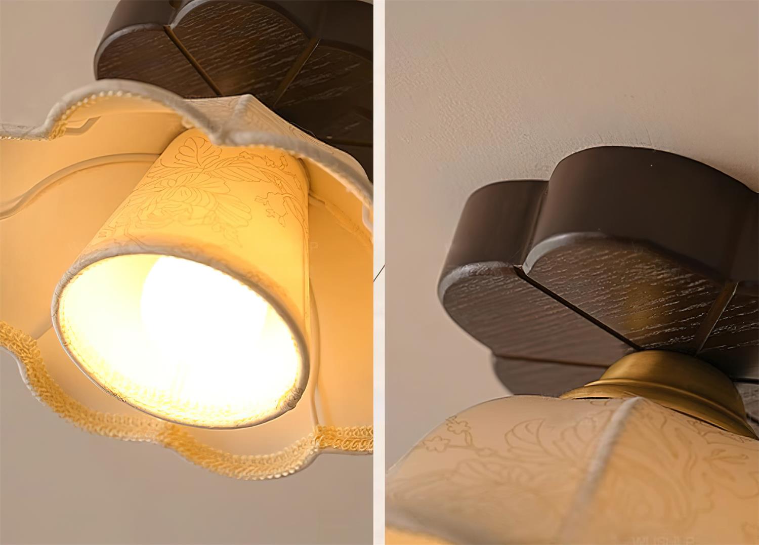 Ceiling Light Scalloped Fabric Shade Walnut Wood Canopy Vintage - Letslighting
