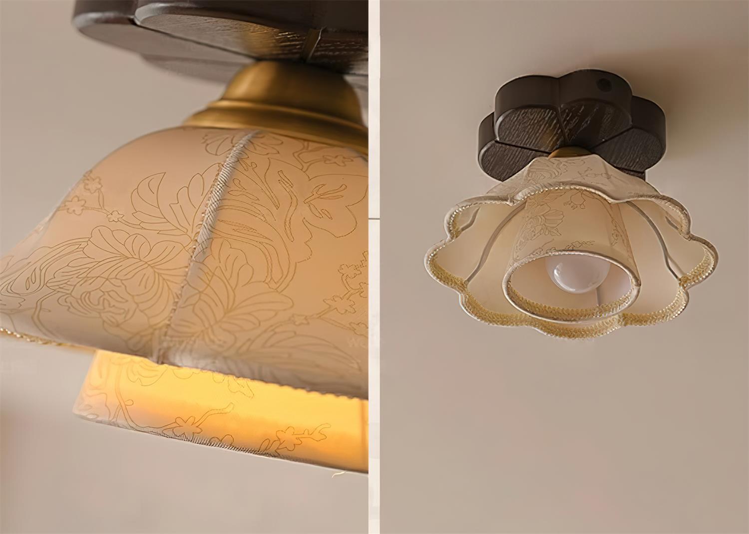 Ceiling Light Scalloped Fabric Shade Walnut Wood Canopy Vintage - Letslighting