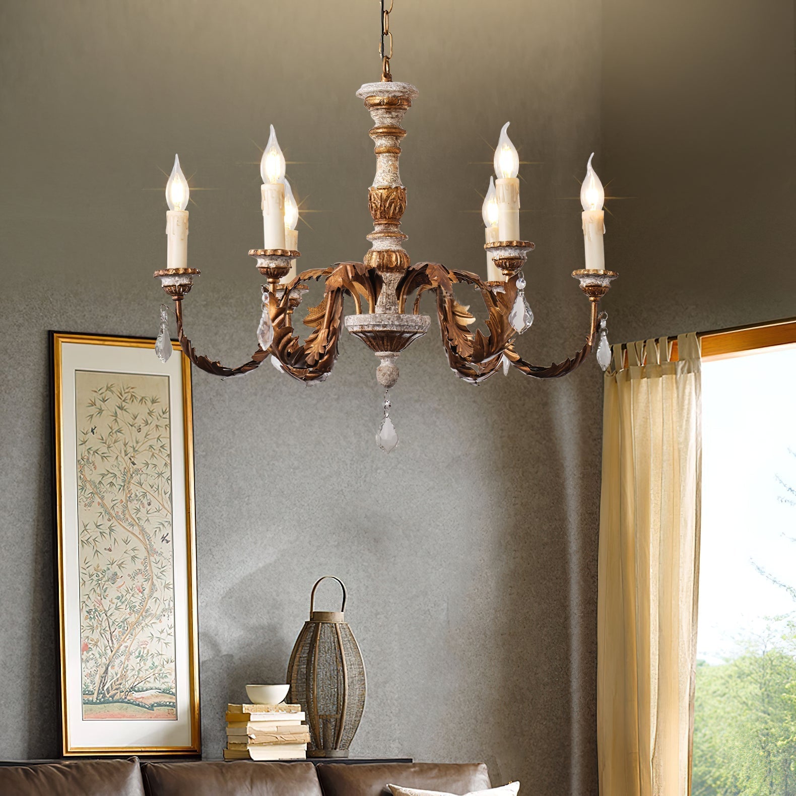 Ivinila Vintage Industrial Solid Wood Crystal Chandelier - Lamp Copper