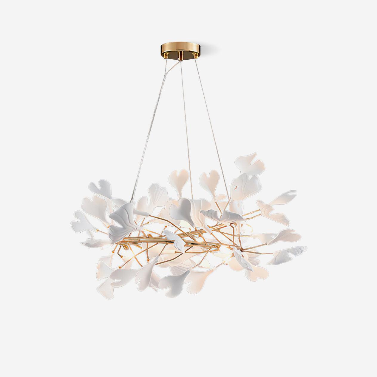 Ginkgo Chandelier White Ceramic Petals Gold Branches Art - Neutralighting