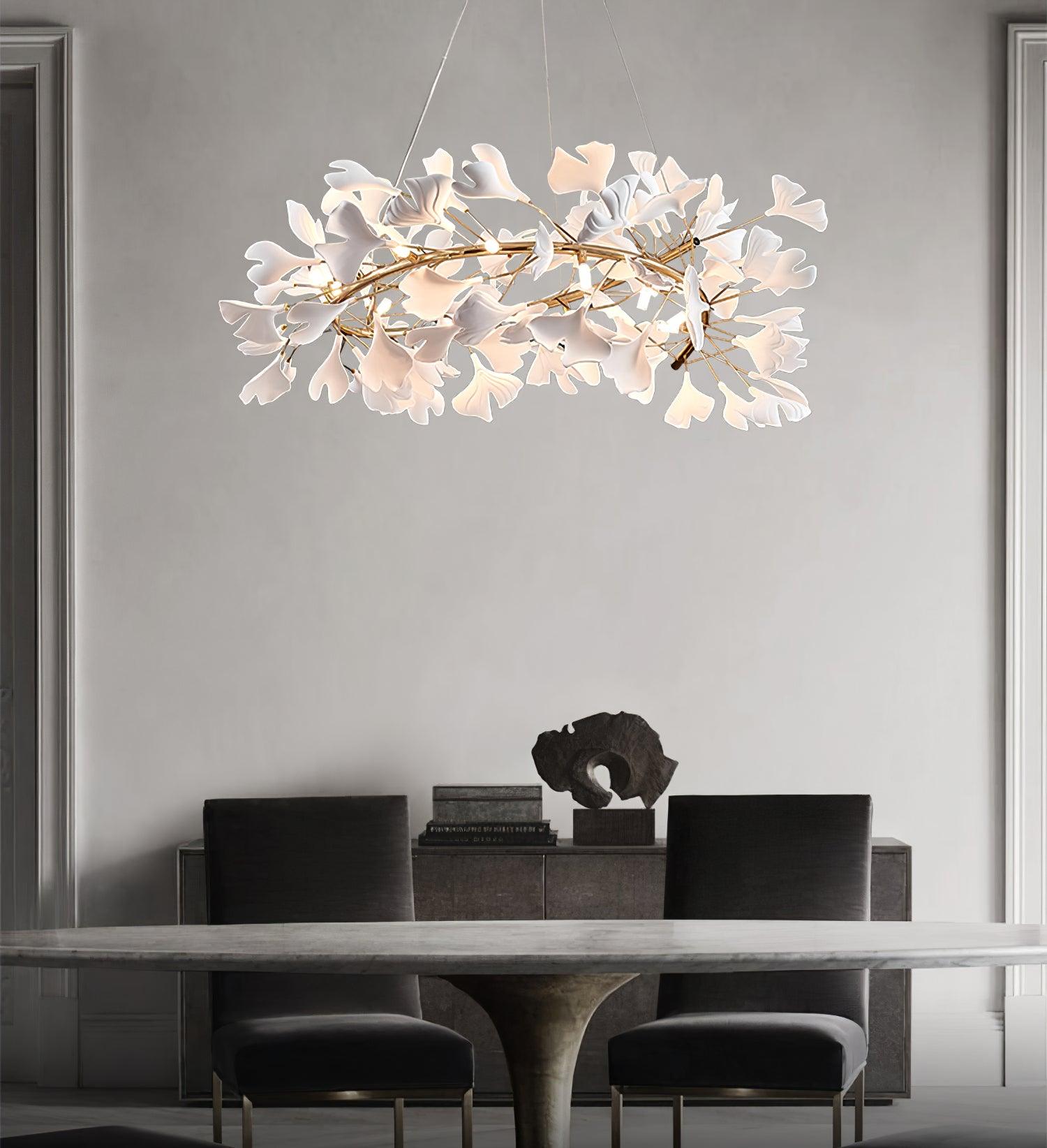 Ginkgo Chandelier White Ceramic Petals Gold Branches Art - Neutralighting