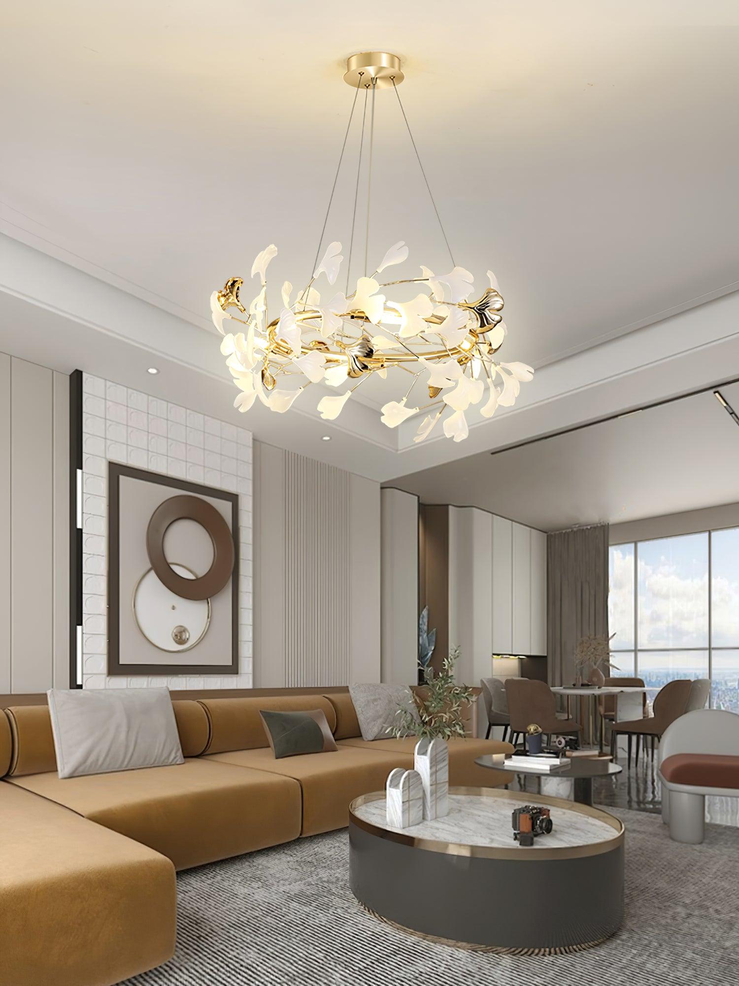 Ginkgo Chandelier White Ceramic Petals Gold Branches Art - Neutralighting