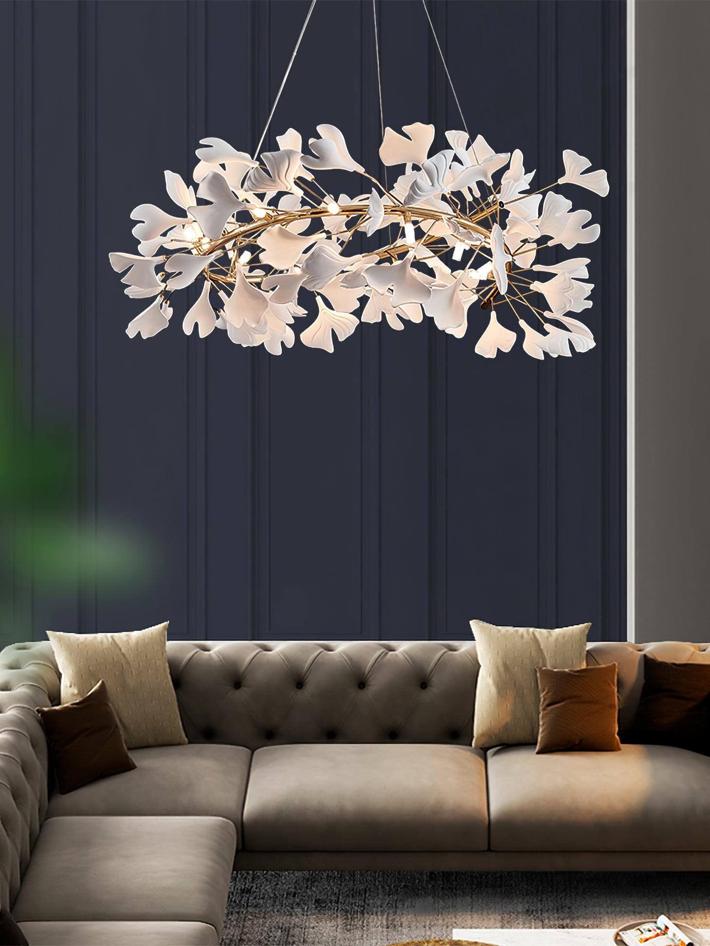 Ginkgo Chandelier White Ceramic Petals Gold Branches Art - Neutralighting