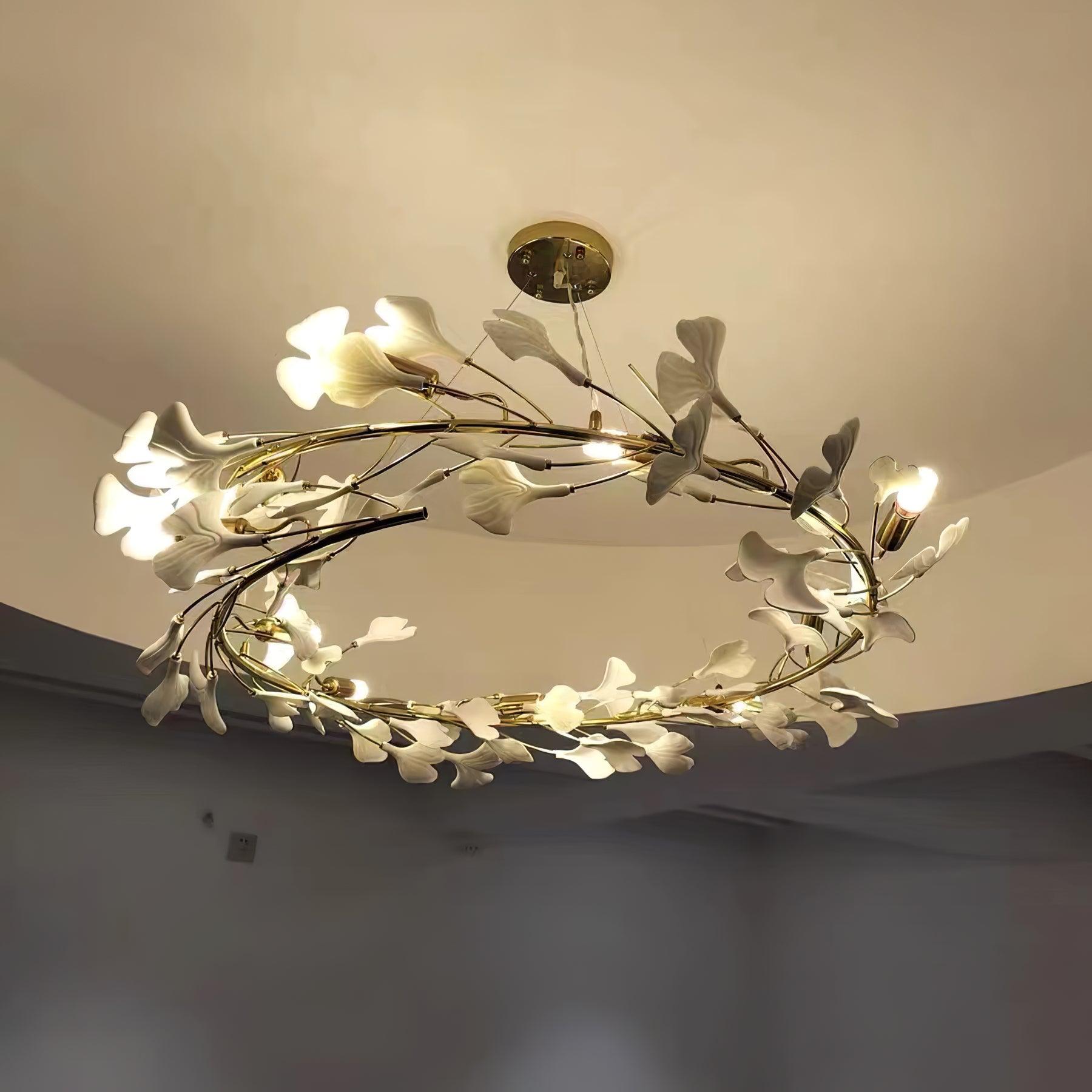 Ginkgo Chandelier White Ceramic Petals Gold Branches Art - Neutralighting