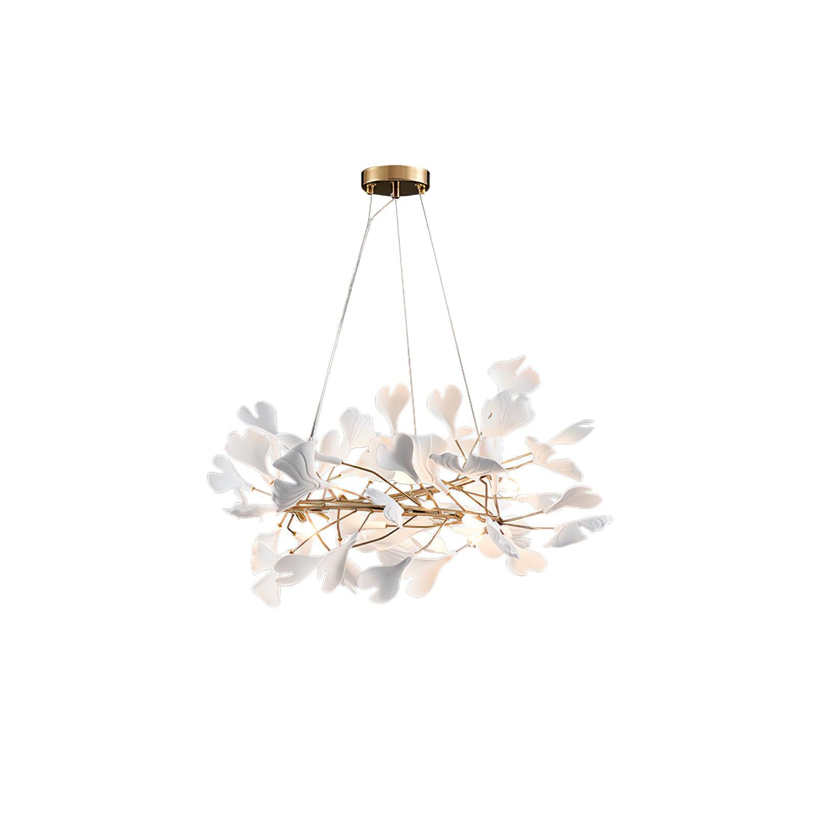 Ginkgo Chandelier White Ceramic Petals Gold Branches Art - Neutralighting