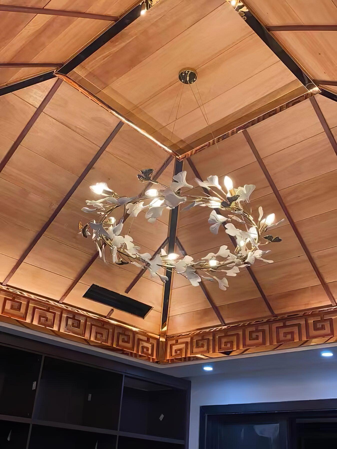Ginkgo Chandelier White Ceramic Petals Gold Branches Art - Neutralighting
