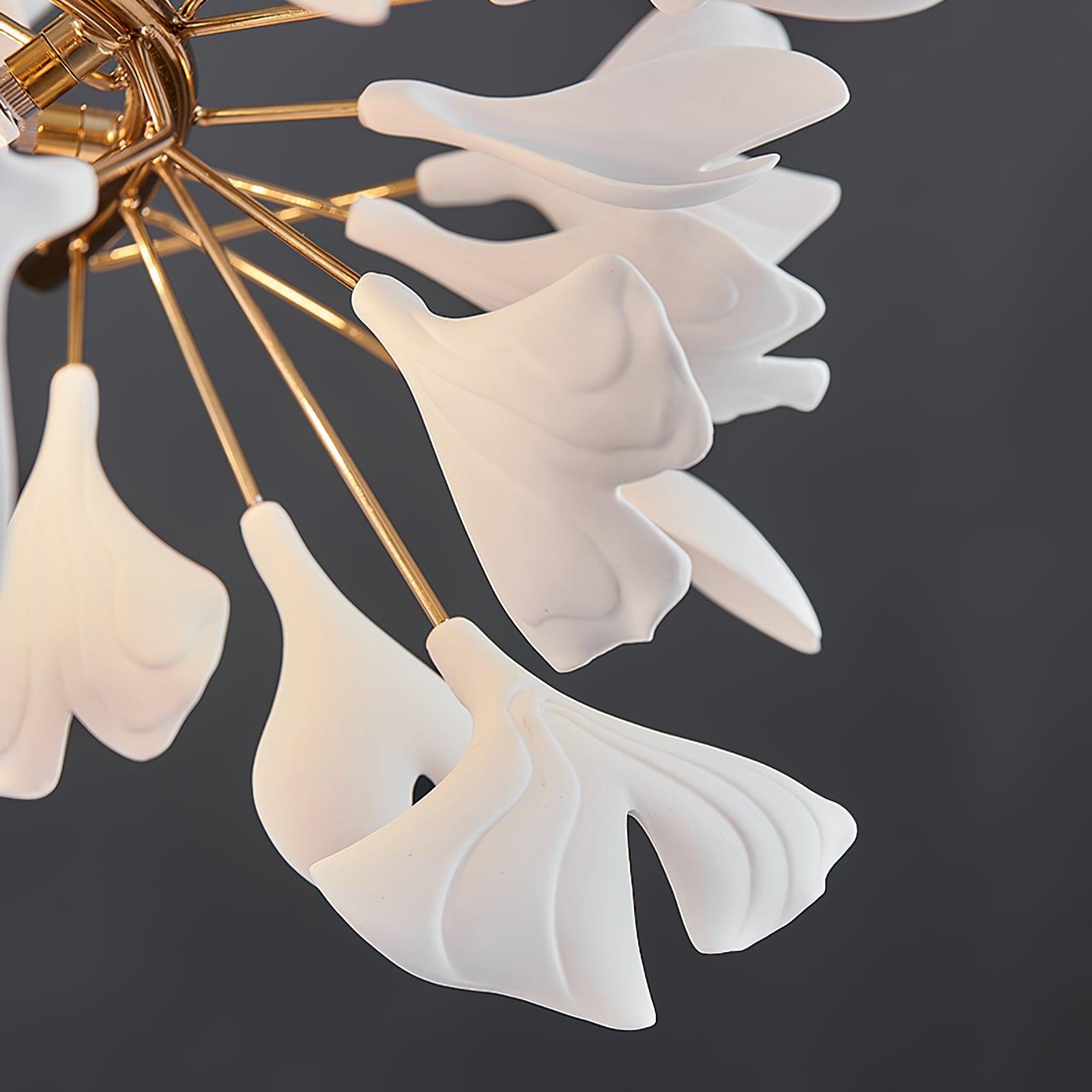 Ginkgo Chandelier White Ceramic Petals Gold Branches Art - Neutralighting