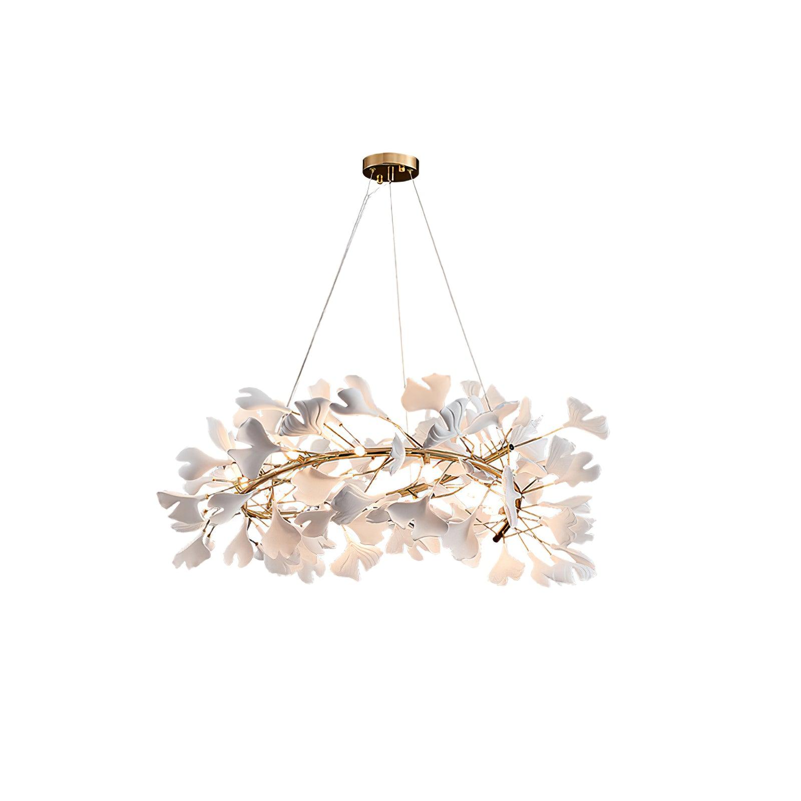 Ginkgo Chandelier White Ceramic Petals Gold Branches Art - Neutralighting