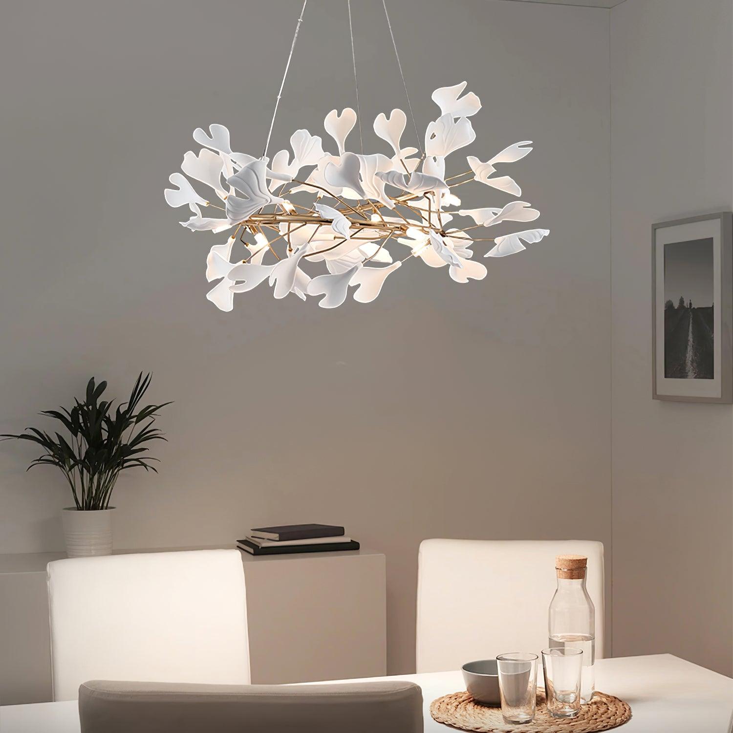 Ginkgo Chandelier White Ceramic Petals Gold Branches Art - Neutralighting