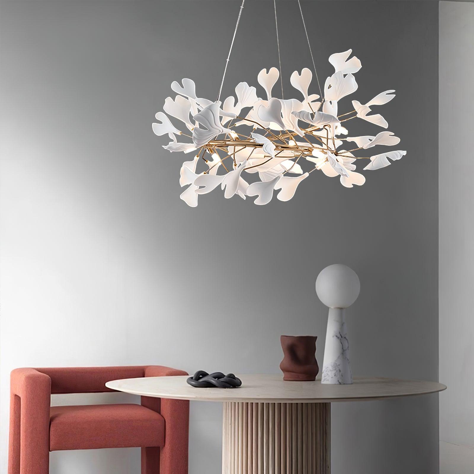 Ginkgo Chandelier White Ceramic Petals Gold Branches Art - Neutralighting
