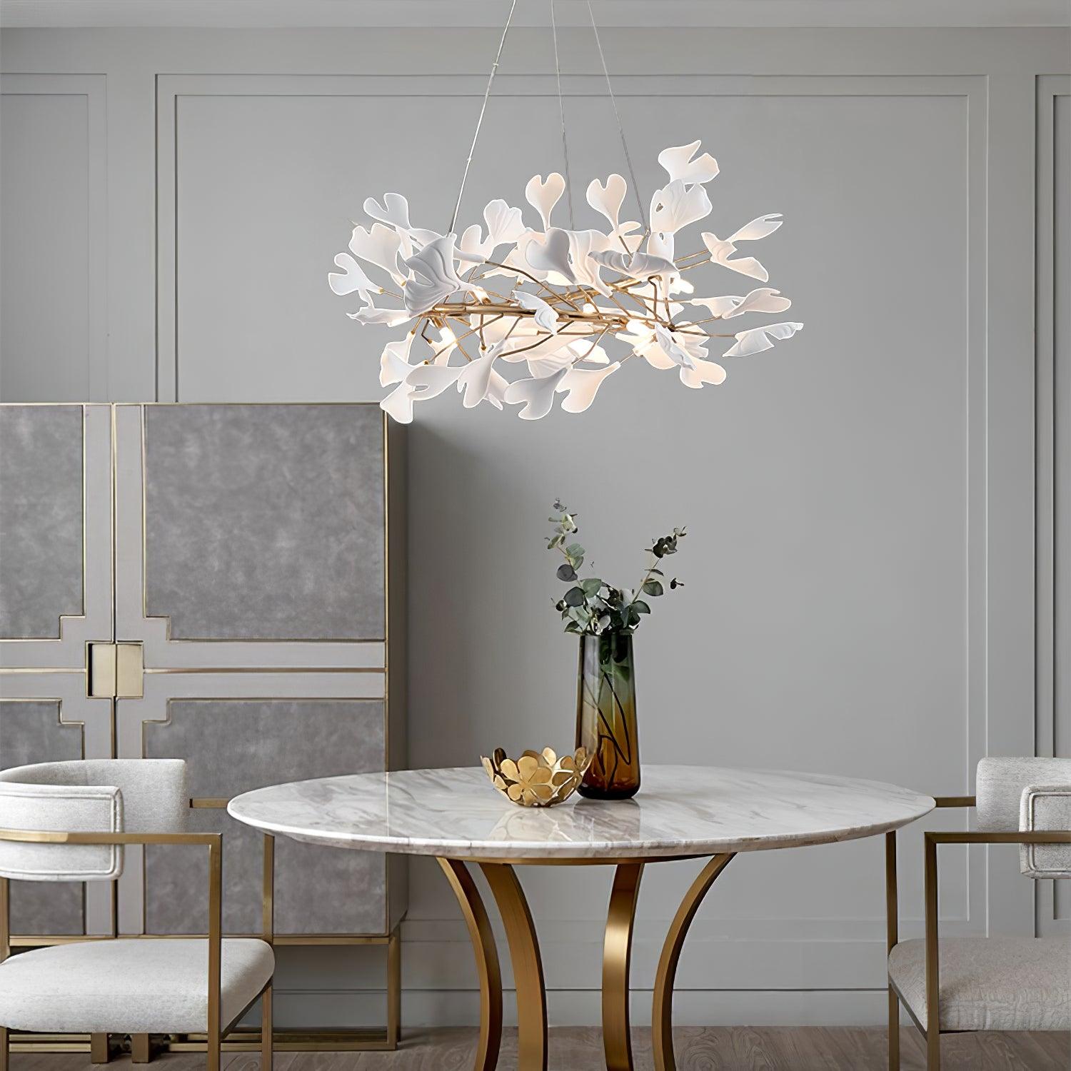 Ginkgo Chandelier White Ceramic Petals Gold Branches Art - Neutralighting