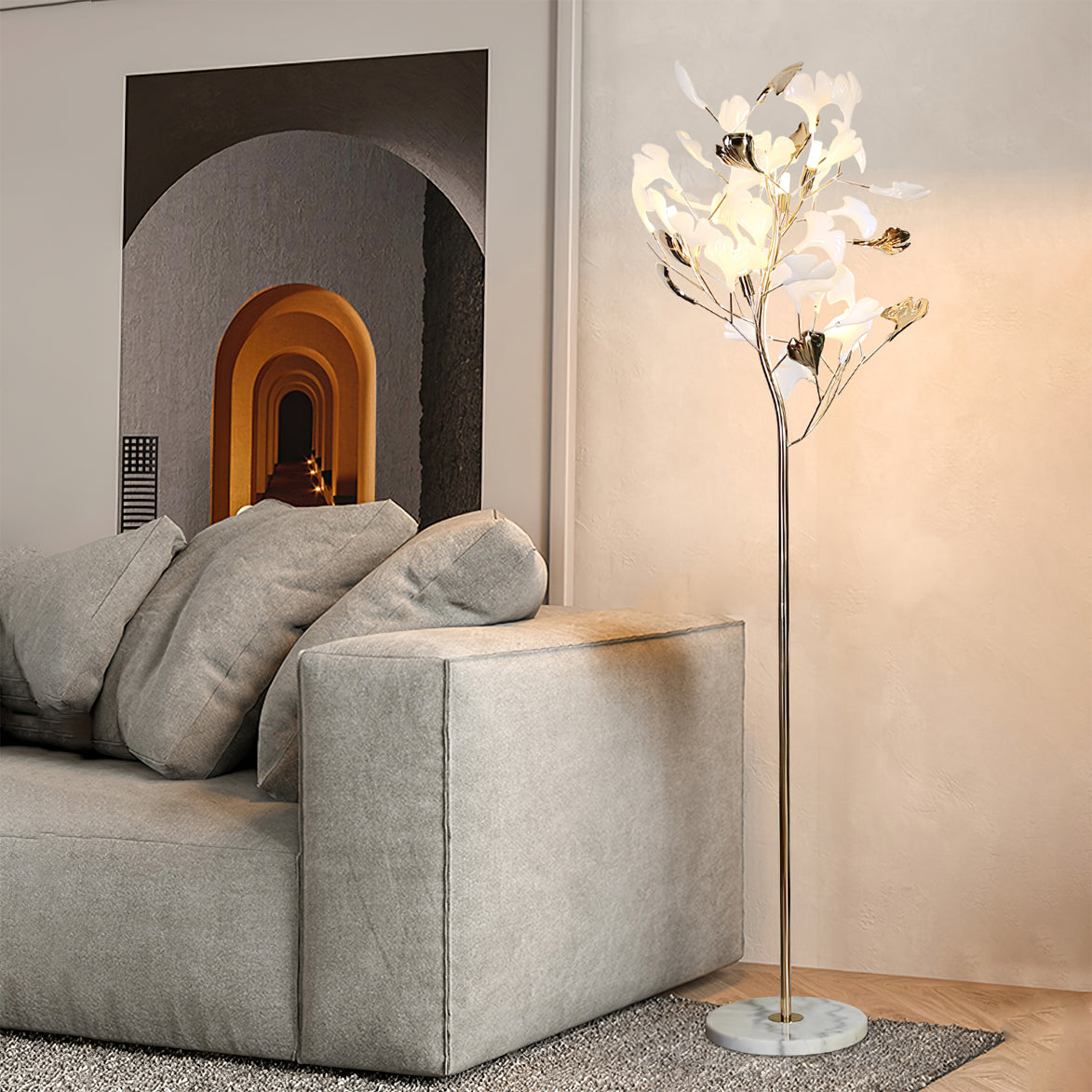 Ella Lampadaire en Céramique avec Feuilles de Ginkgo