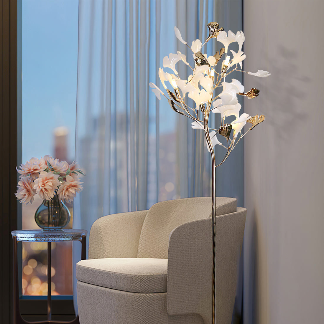 Ella Lampadaire en Céramique avec Feuilles de Ginkgo