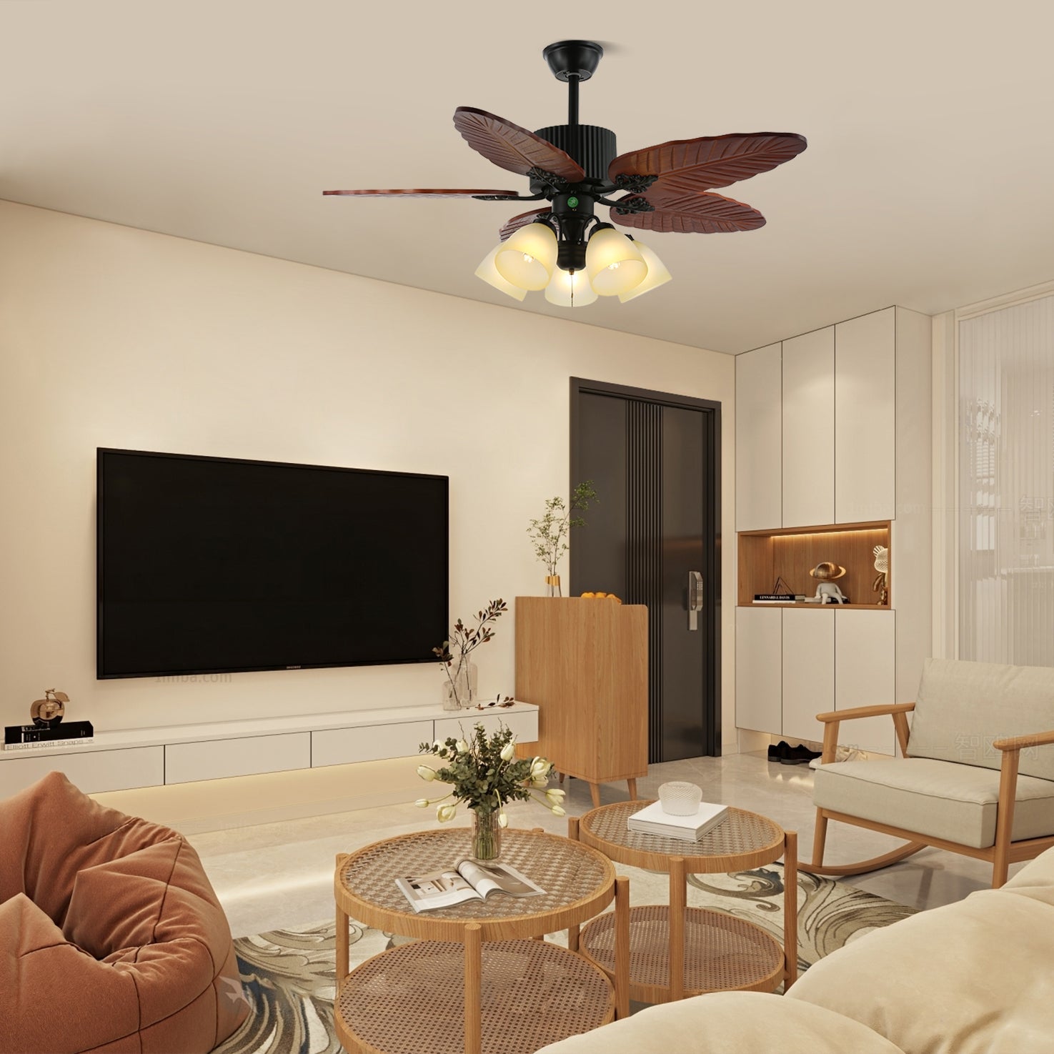 Plafonnier Ventilateur Virella en Bois Tropical et Verre, Modèle B