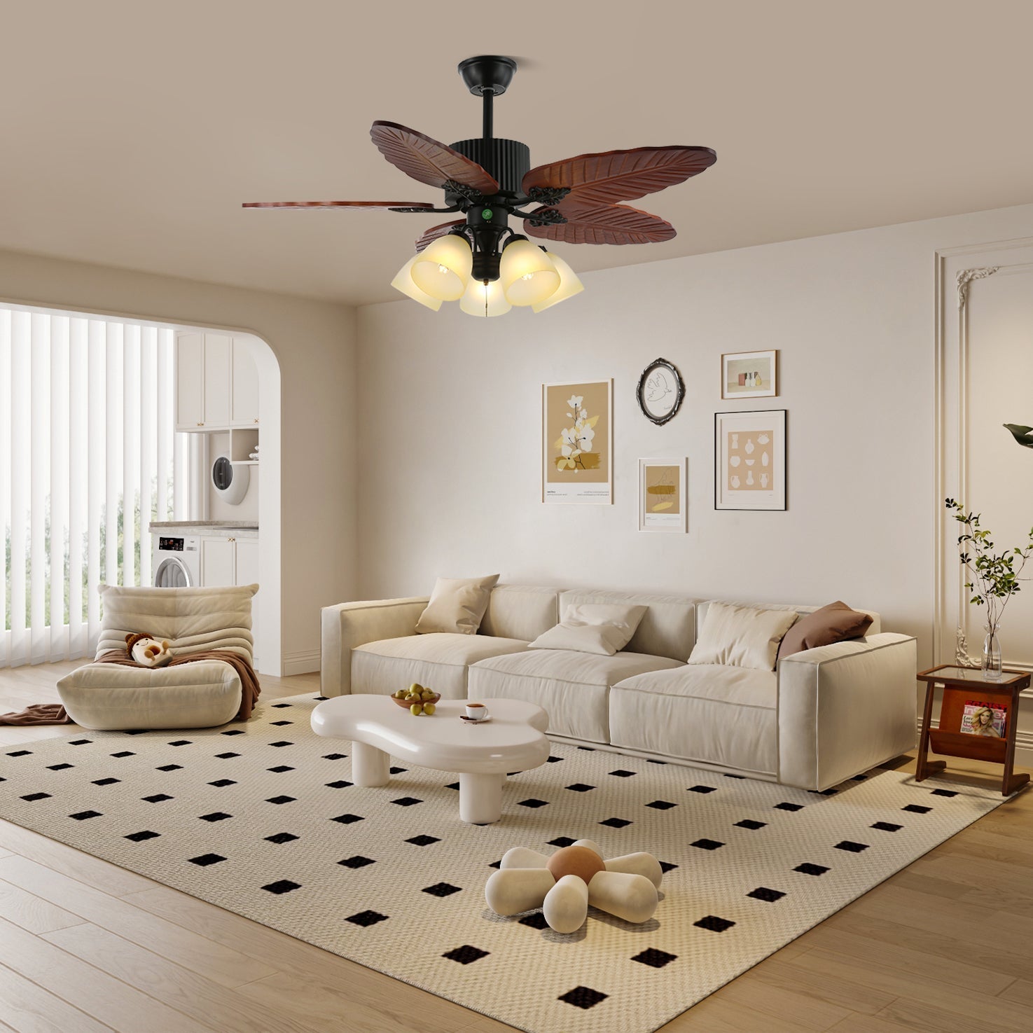 Plafonnier Ventilateur Virella en Bois Tropical et Verre, Modèle A, gros plan des pales en bois