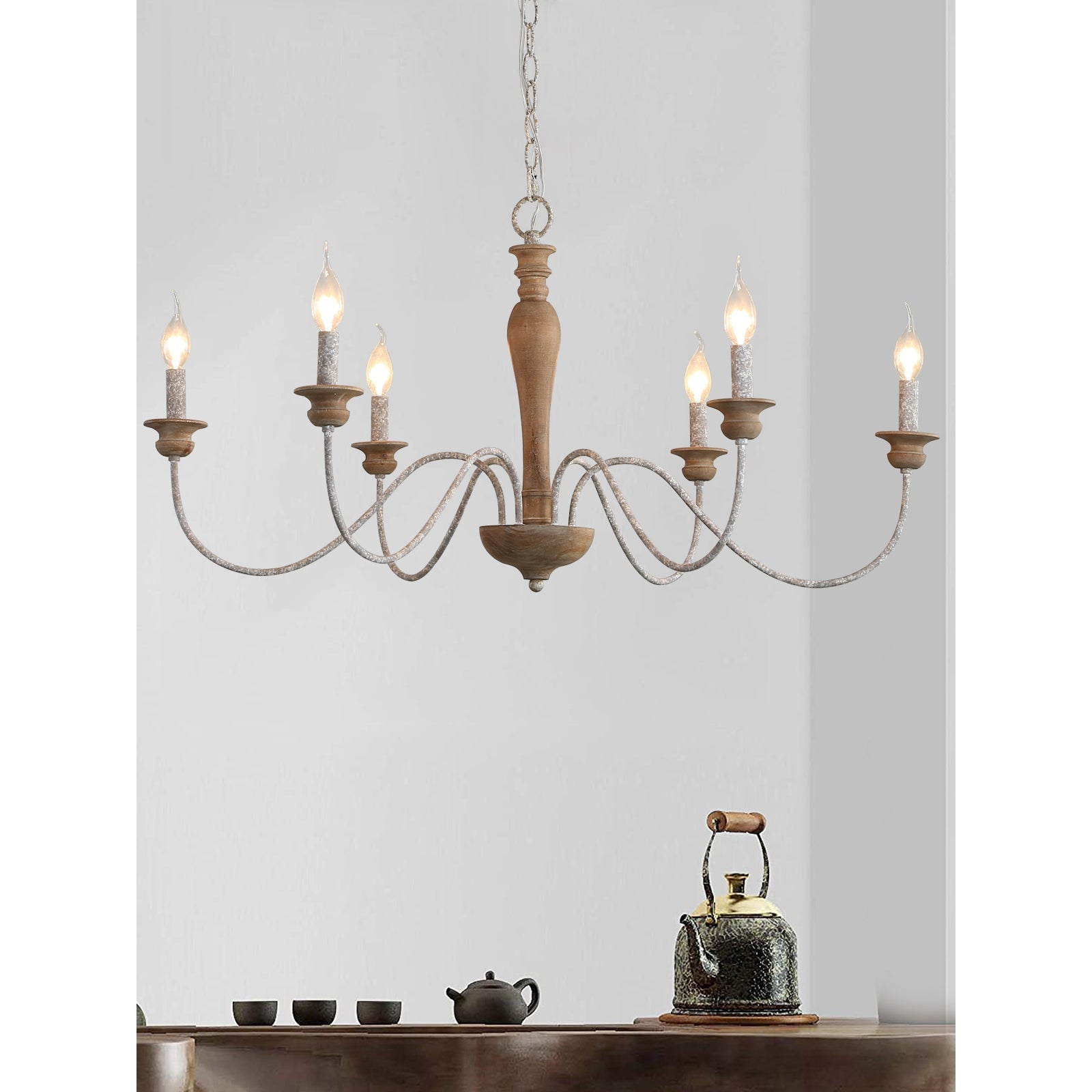 Illoros Vintage Industrial Candle Hand-carved Wood Chandelier - Lamp Copper