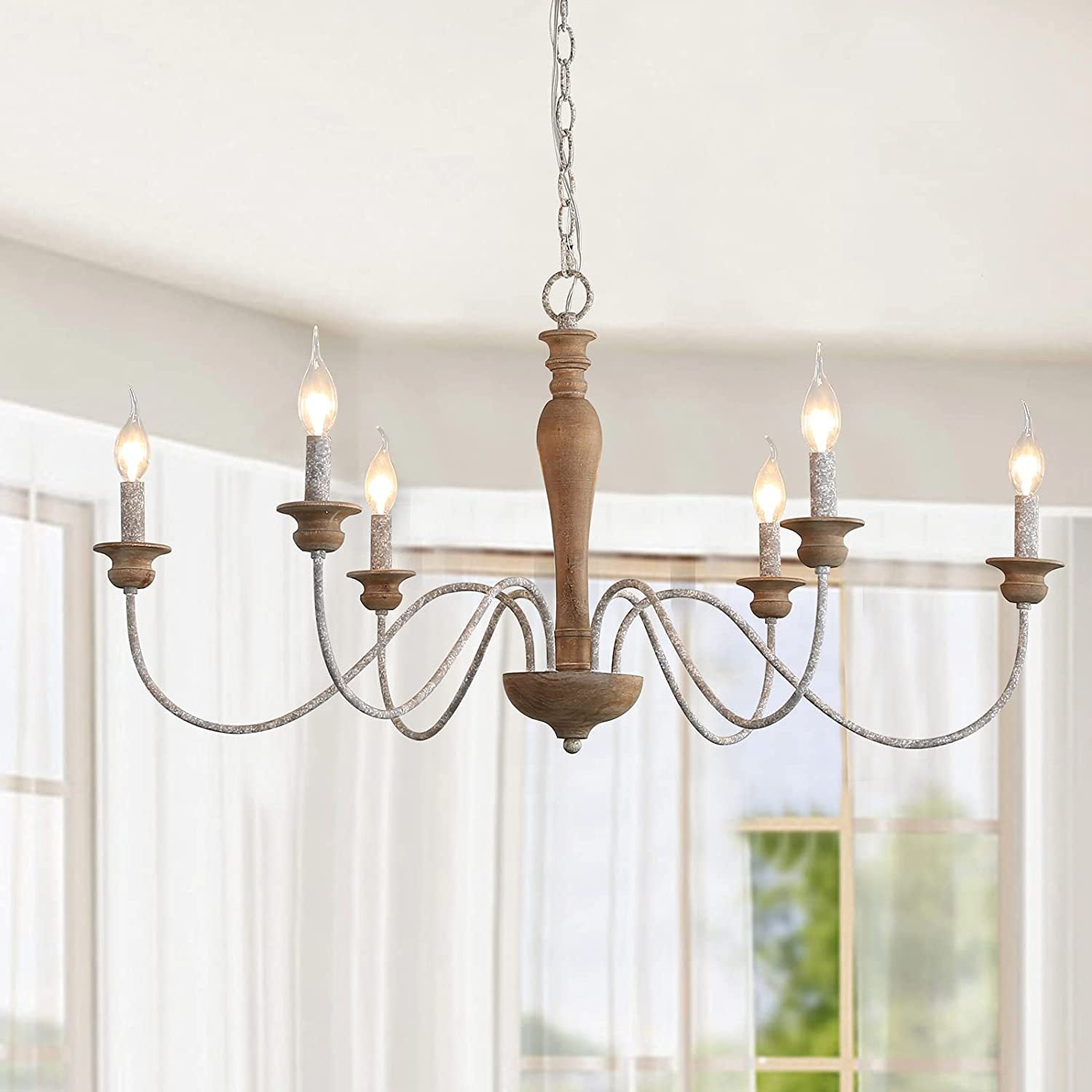 Illoros Vintage Industrial Candle Hand-carved Wood Chandelier - Lamp Copper