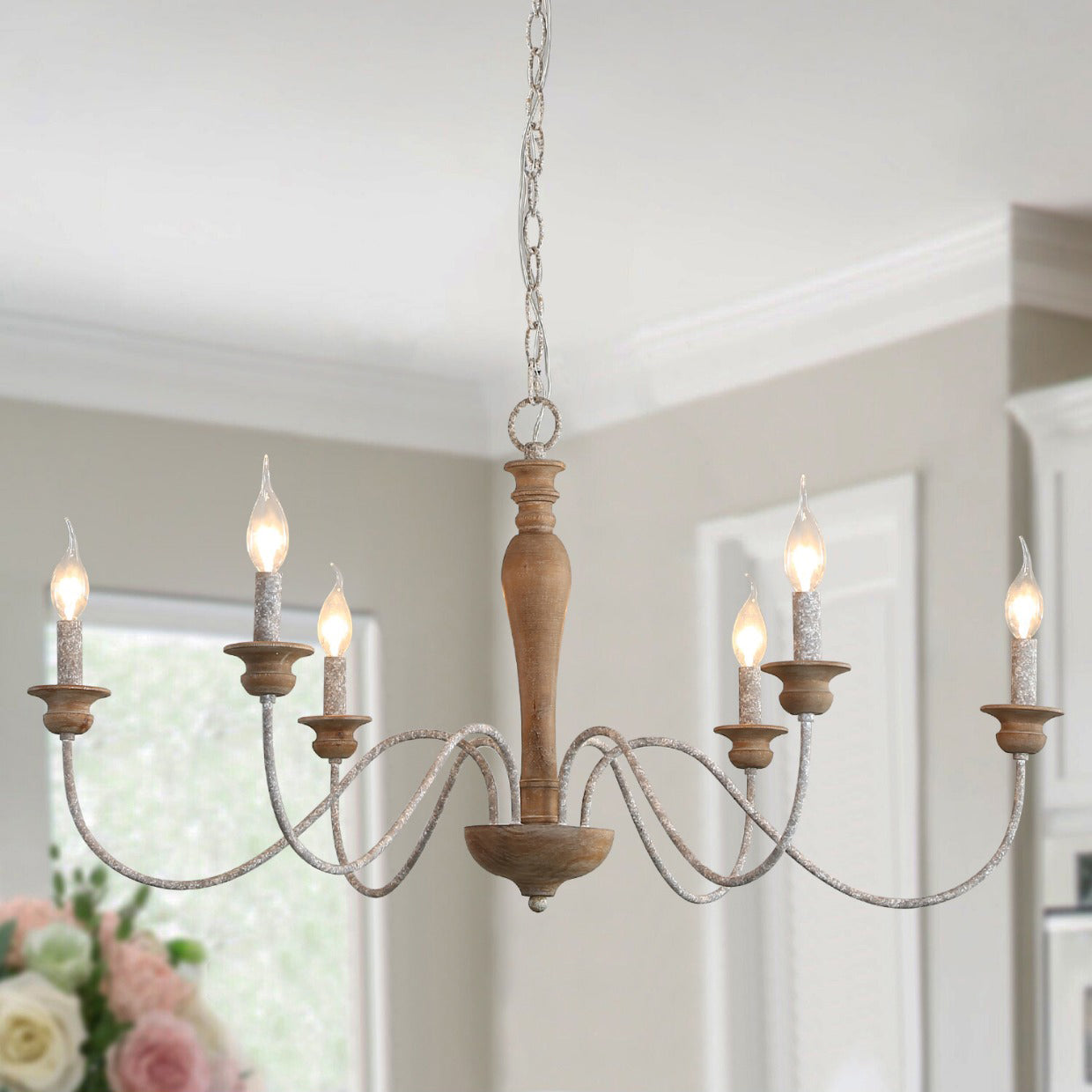 Illoros Vintage Industrial Candle Hand-carved Wood Chandelier - Lamp Copper
