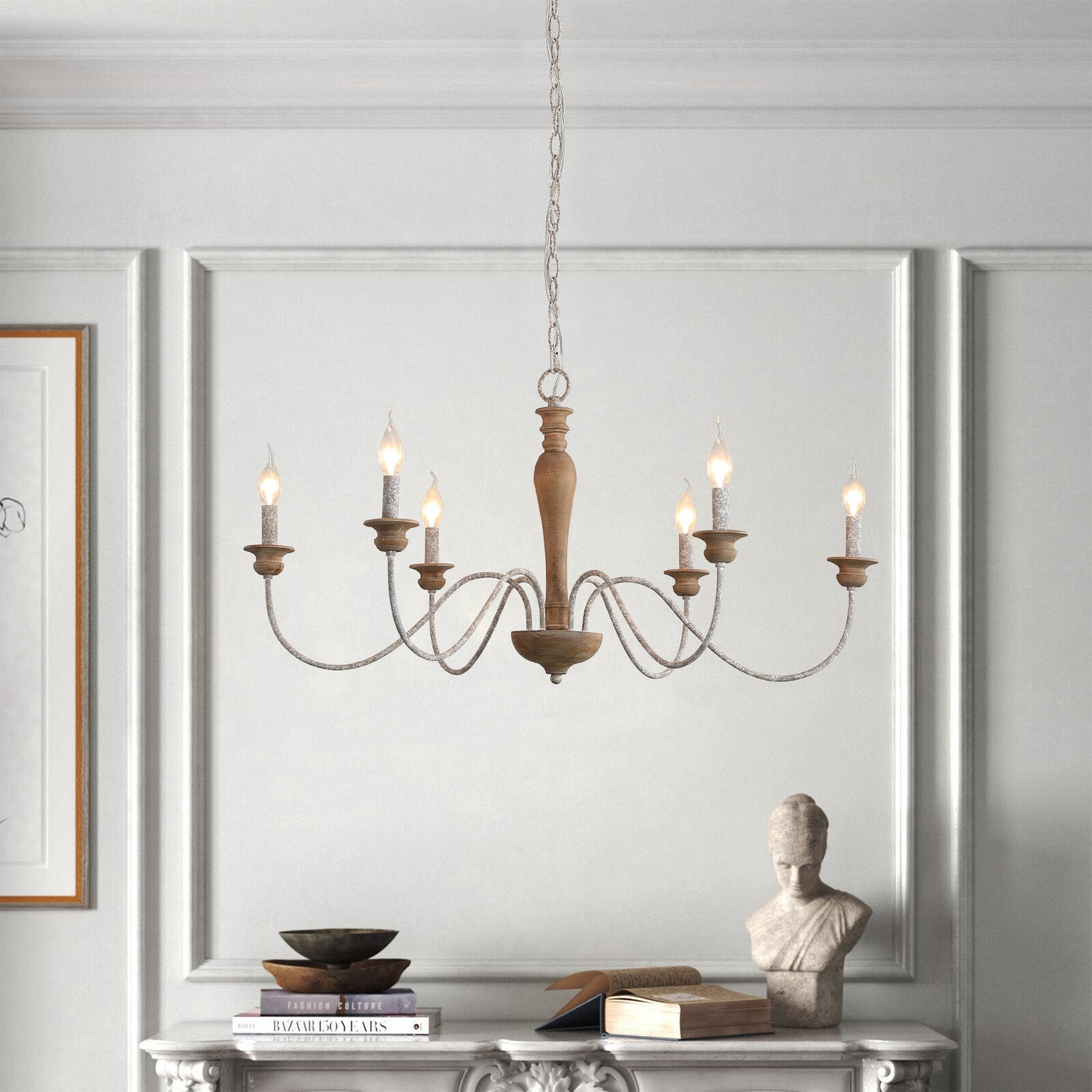 Illoros Vintage Industrial Candle Hand-carved Wood Chandelier - Lamp Copper