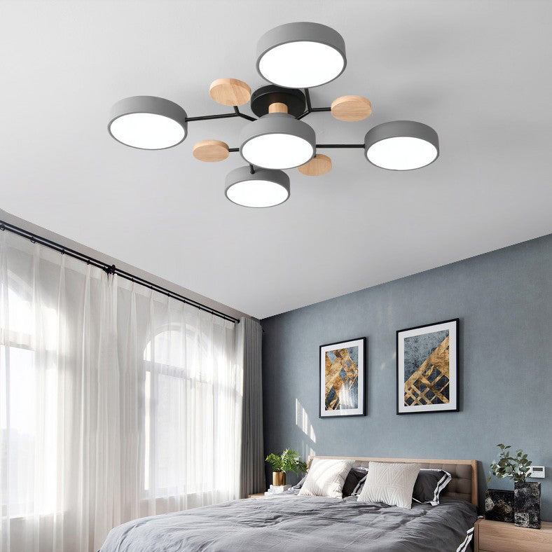 Arisha Plafonnier Rond Moderne, Métal/Bois, Blanc/Vert/Gris, Salon - Neutralighting
