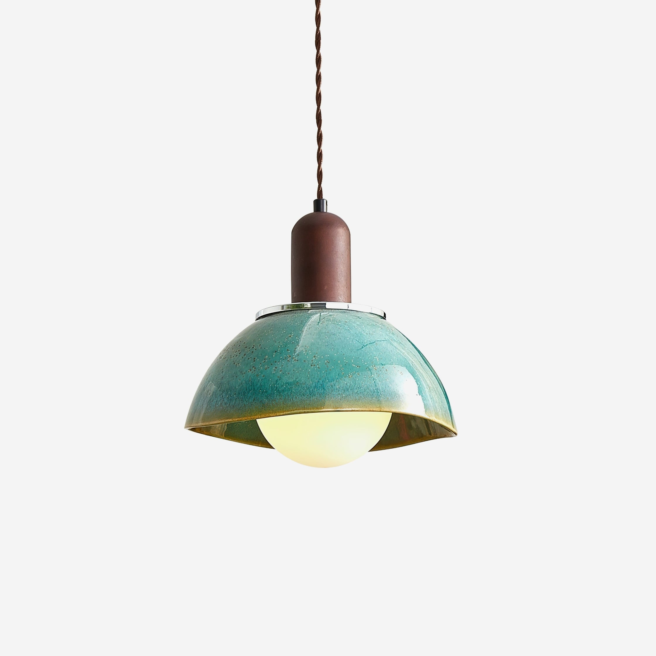 Pendant Lamp Ceramic Glazed Dome Walnut Wood Rustic Ambient Glow - Letslighting