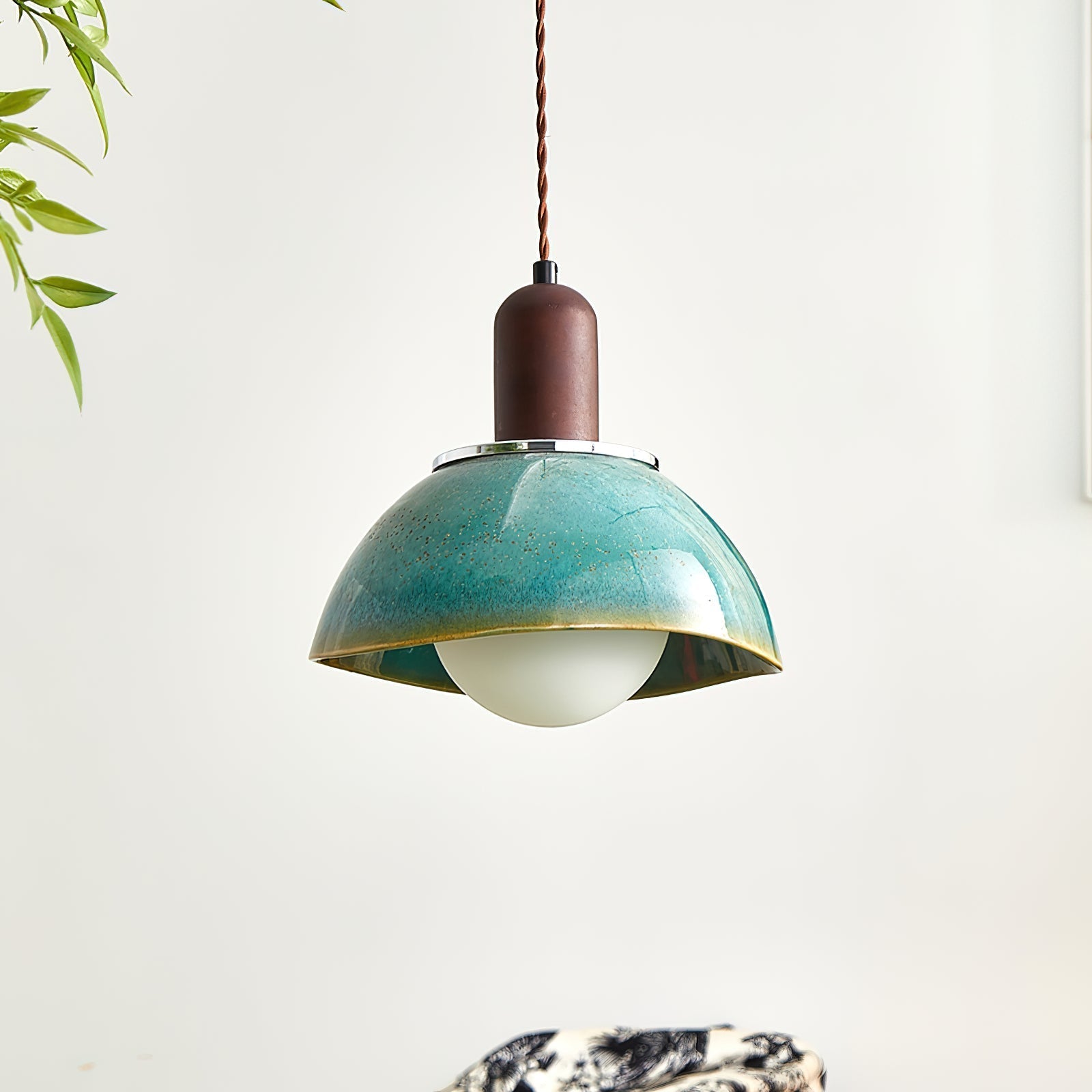 Pendant Lamp Ceramic Glazed Dome Walnut Wood Rustic Ambient Glow - Letslighting