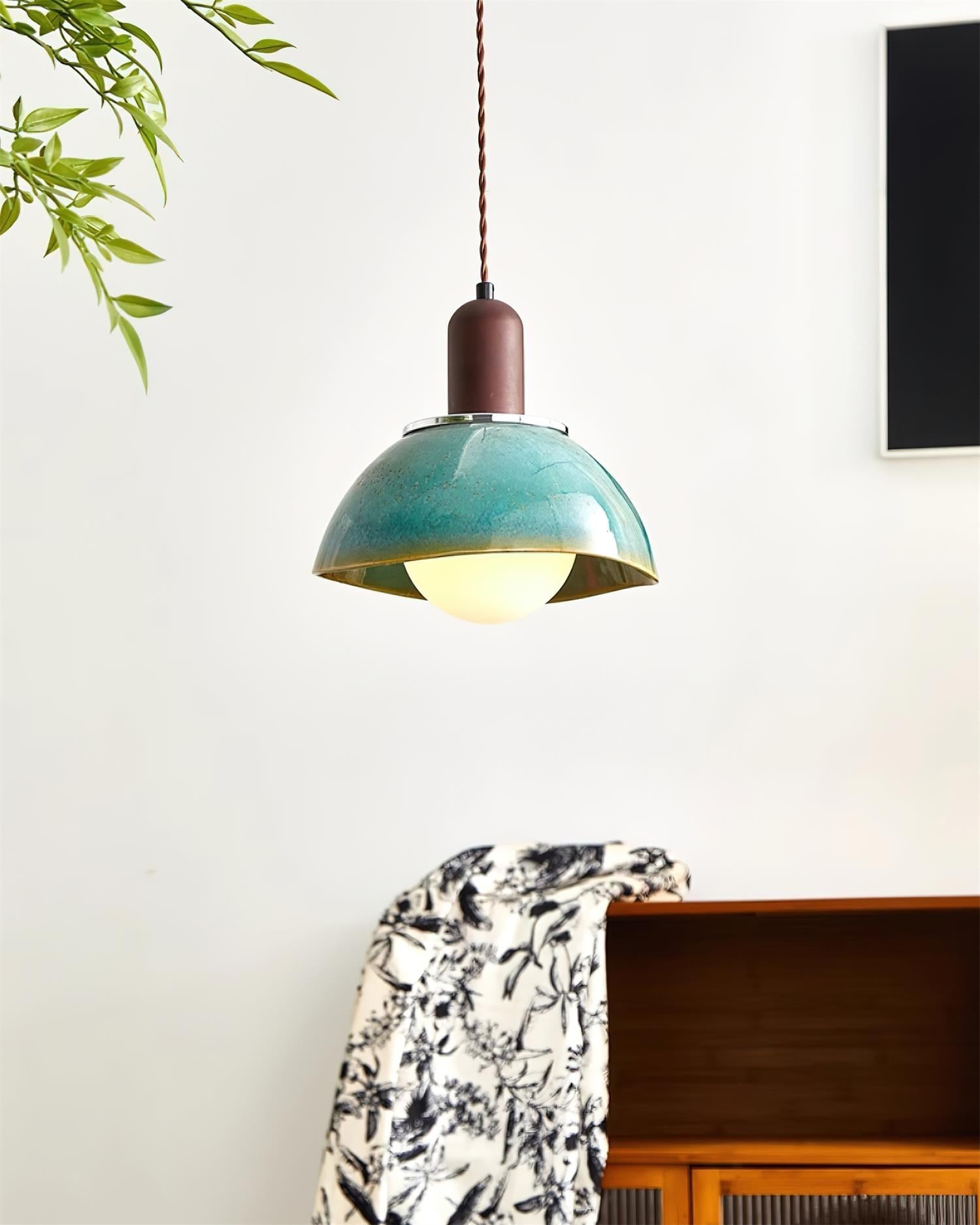 Pendant Lamp Ceramic Glazed Dome Walnut Wood Rustic Ambient Glow - Letslighting