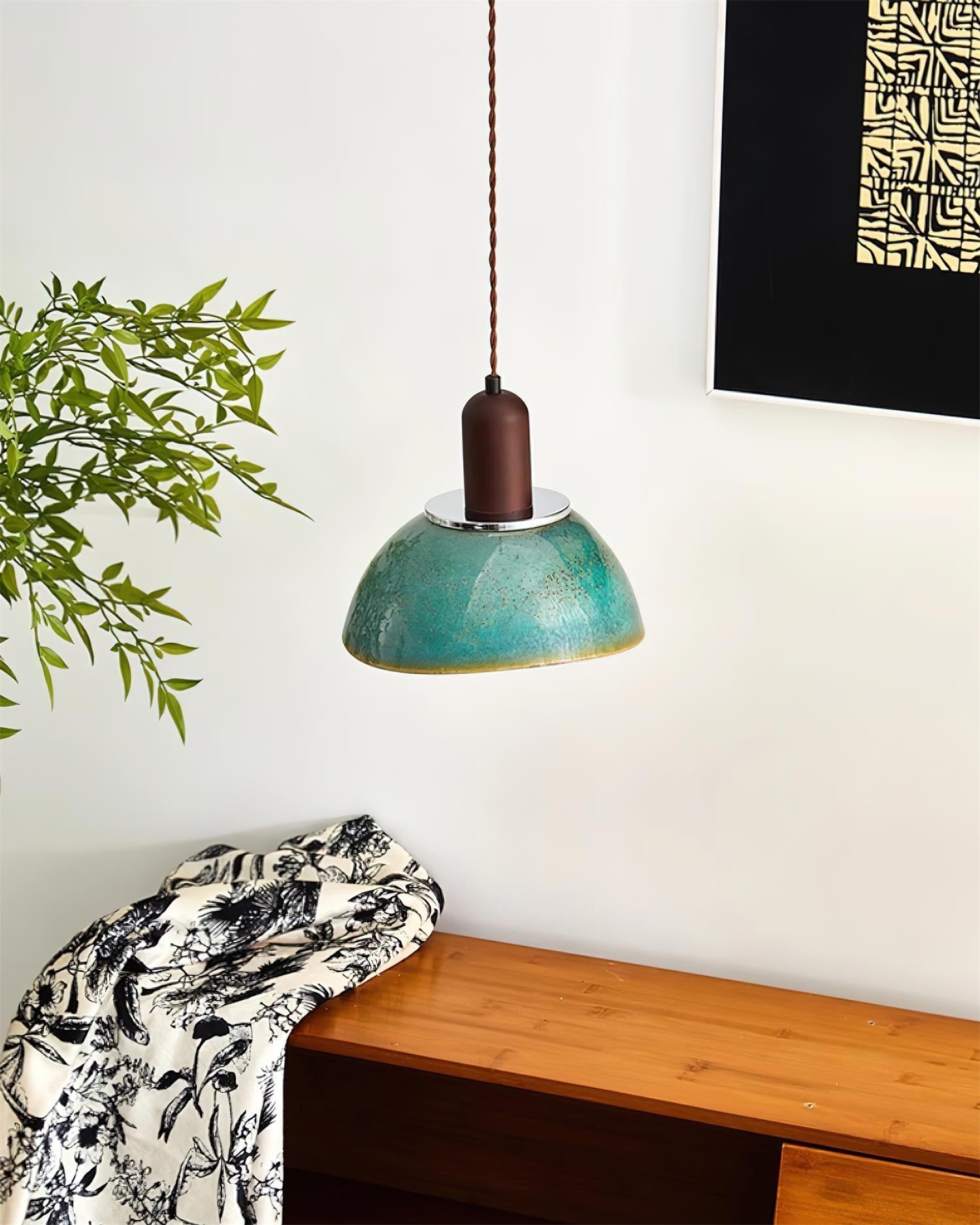 Pendant Lamp Ceramic Glazed Dome Walnut Wood Rustic Ambient Glow - Letslighting