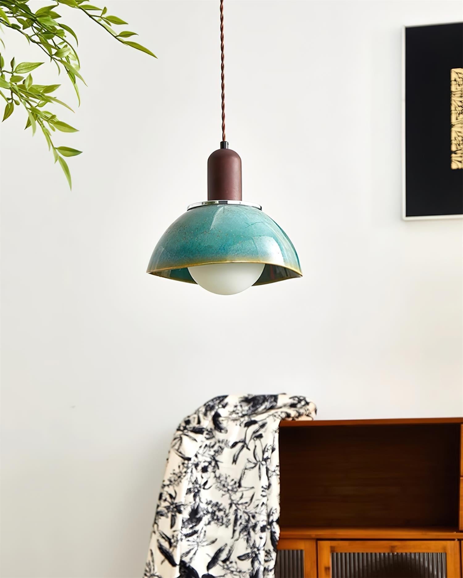 Pendant Lamp Ceramic Glazed Dome Walnut Wood Rustic Ambient Glow - Letslighting