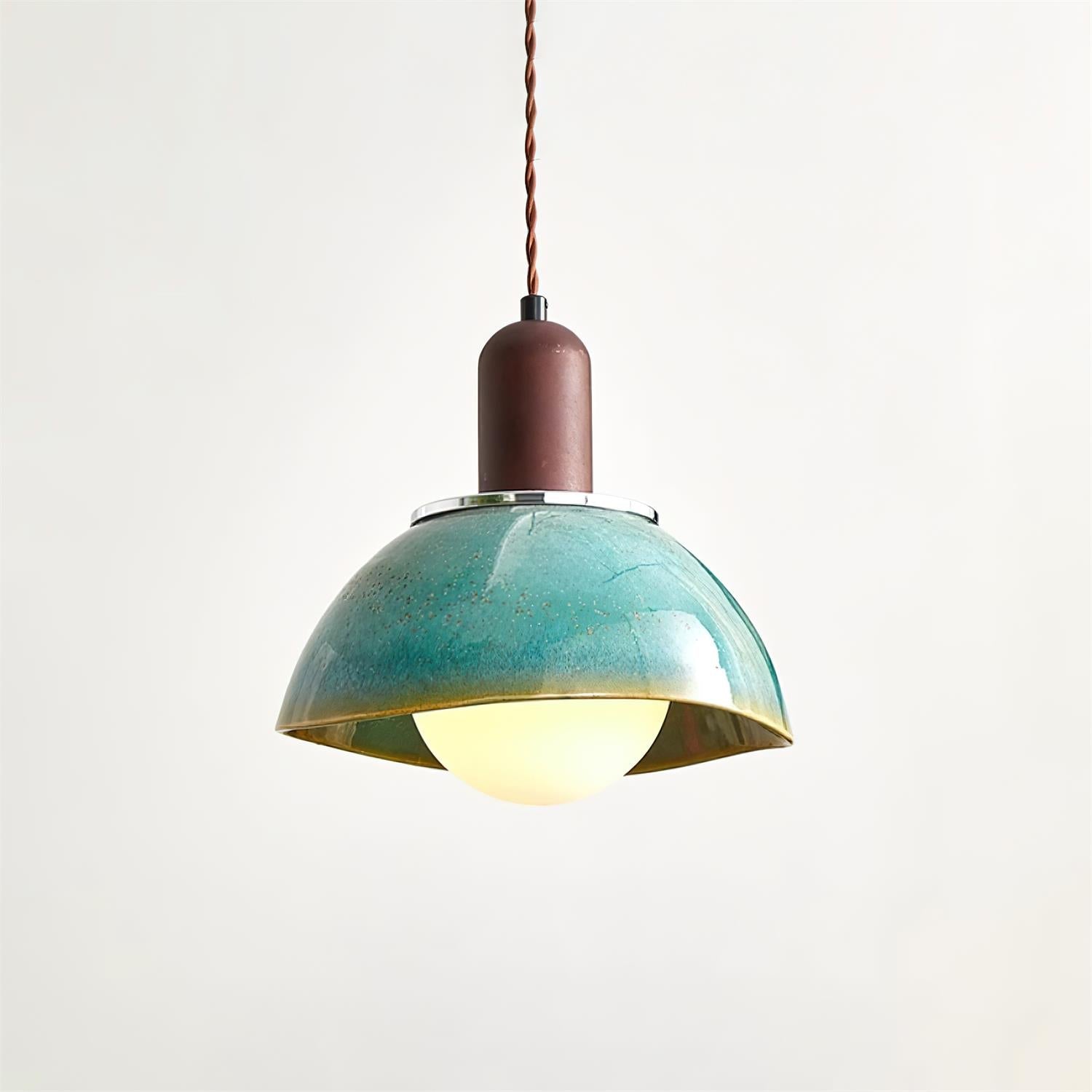 Pendant Lamp Ceramic Glazed Dome Walnut Wood Rustic Ambient Glow - Letslighting