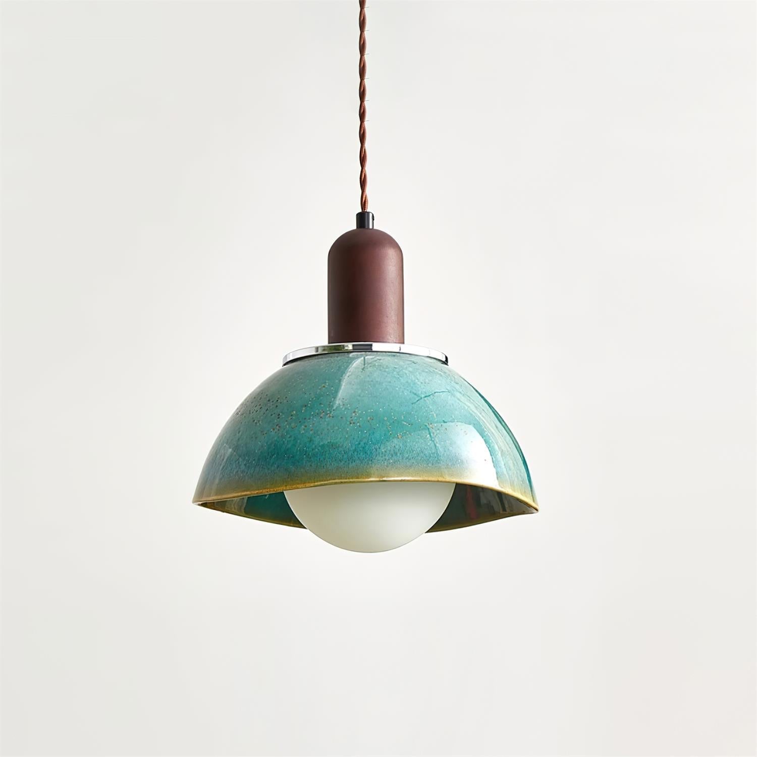 Pendant Lamp Ceramic Glazed Dome Walnut Wood Rustic Ambient Glow - Letslighting