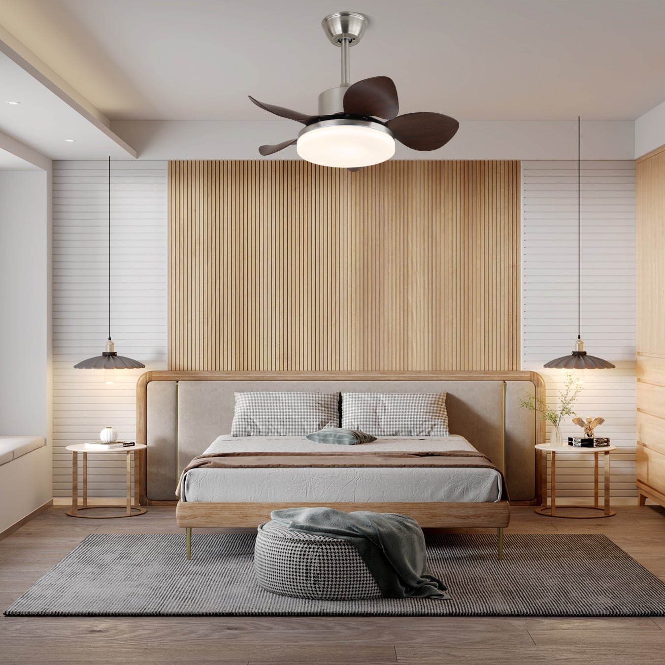 Plafonnier Ventilateur Kaelen montrant les détails de la LED intégrée et du cadre métallique.