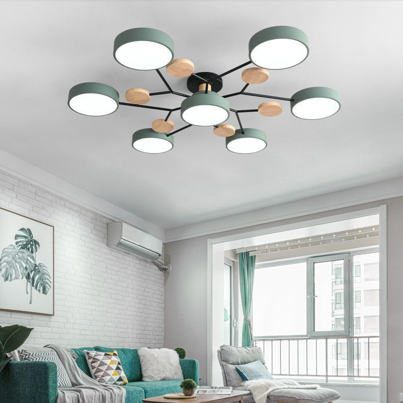 Arisha Plafonnier Rond Moderne, Métal/Bois, Blanc/Vert/Gris, Salon - Neutralighting
