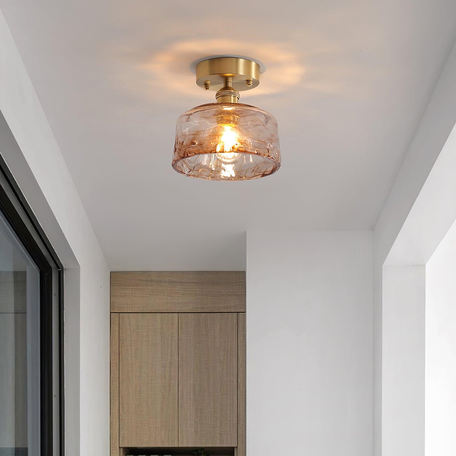 Lampe de Plafond Abat-jour en Verre Ambre Tourbillonné Laiton Industriel Vintage - Neutralighting