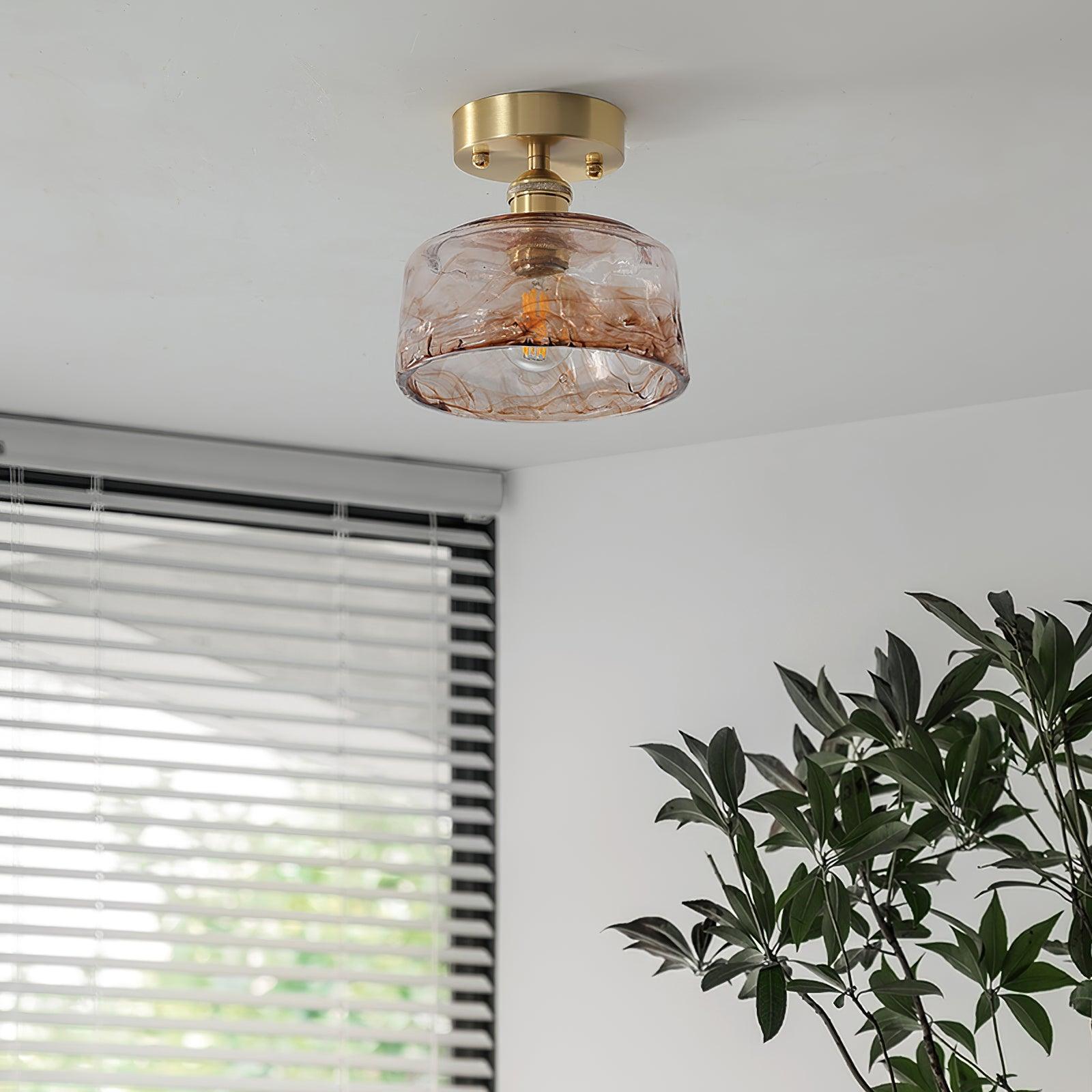 Lampe de Plafond Abat-jour en Verre Ambre Tourbillonné Laiton Industriel Vintage - Neutralighting