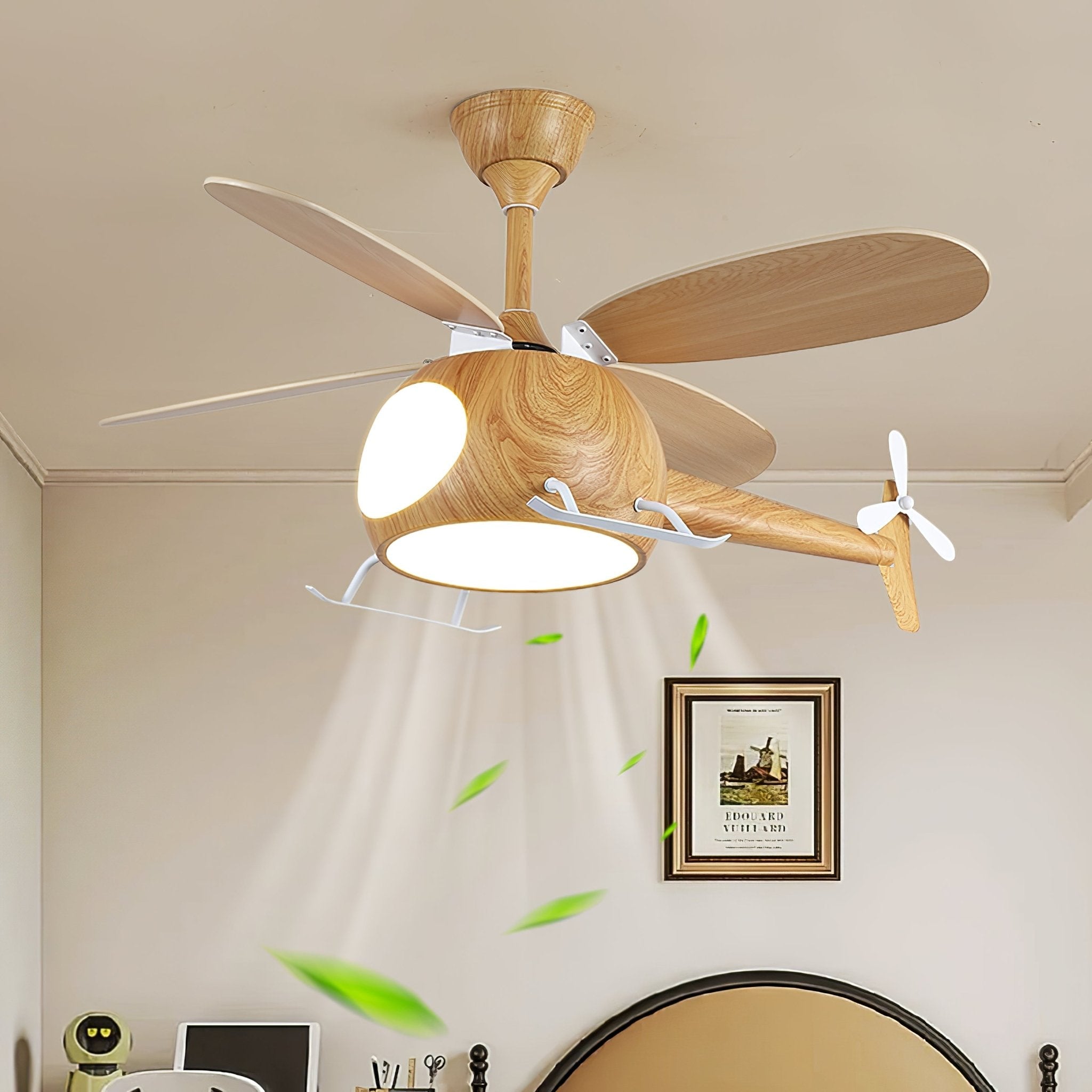 Ventilateur de plafond et luminaire Aviara Bois Moderne pour chambre d'enfant, finition couleur bois