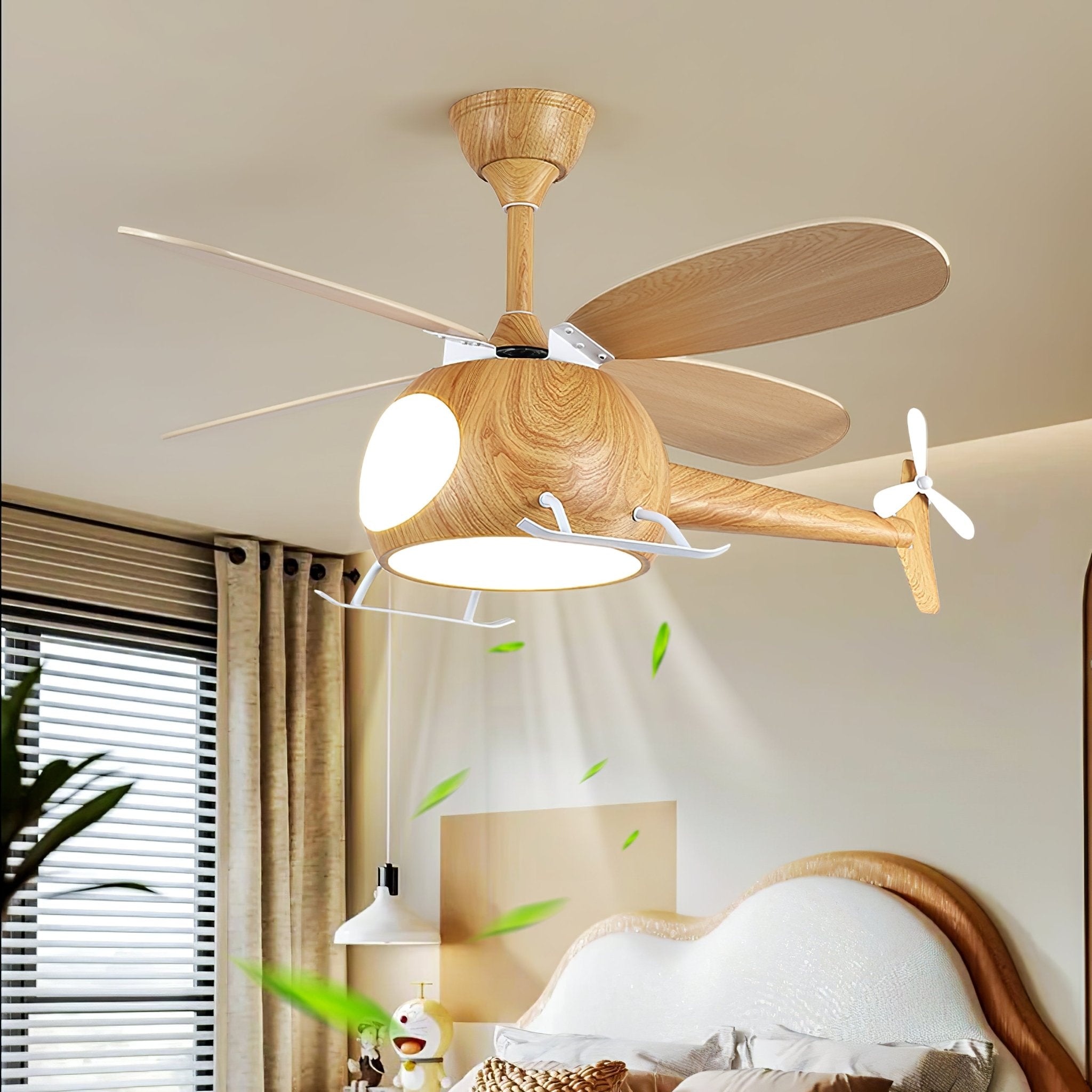 Ventilateur de plafond et luminaire Aviara Bois Moderne pour chambre d'enfant, finition noyer