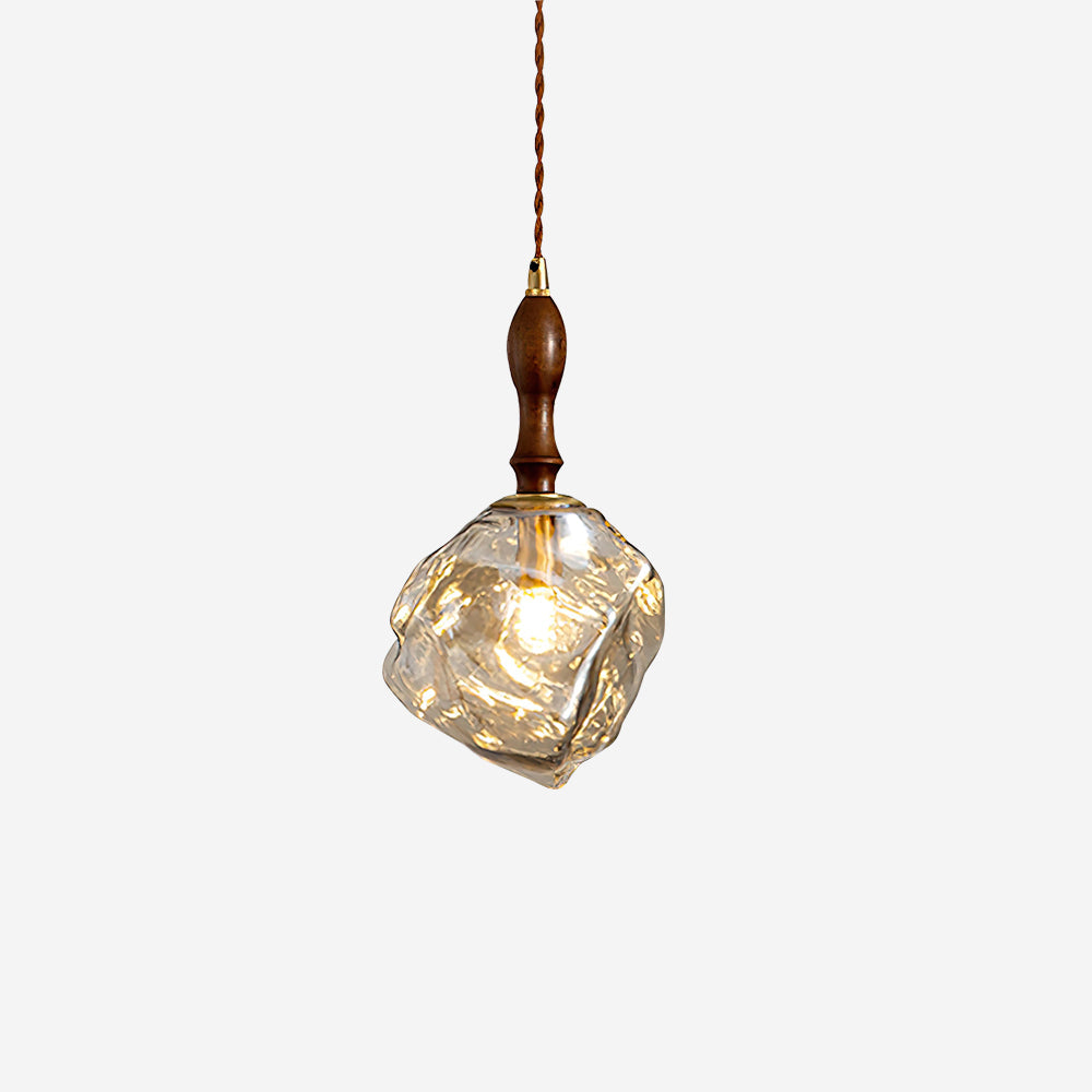 Pendant Lamp Walnut Wood Glass Cube Shade Sculptural Chic - Letslighting