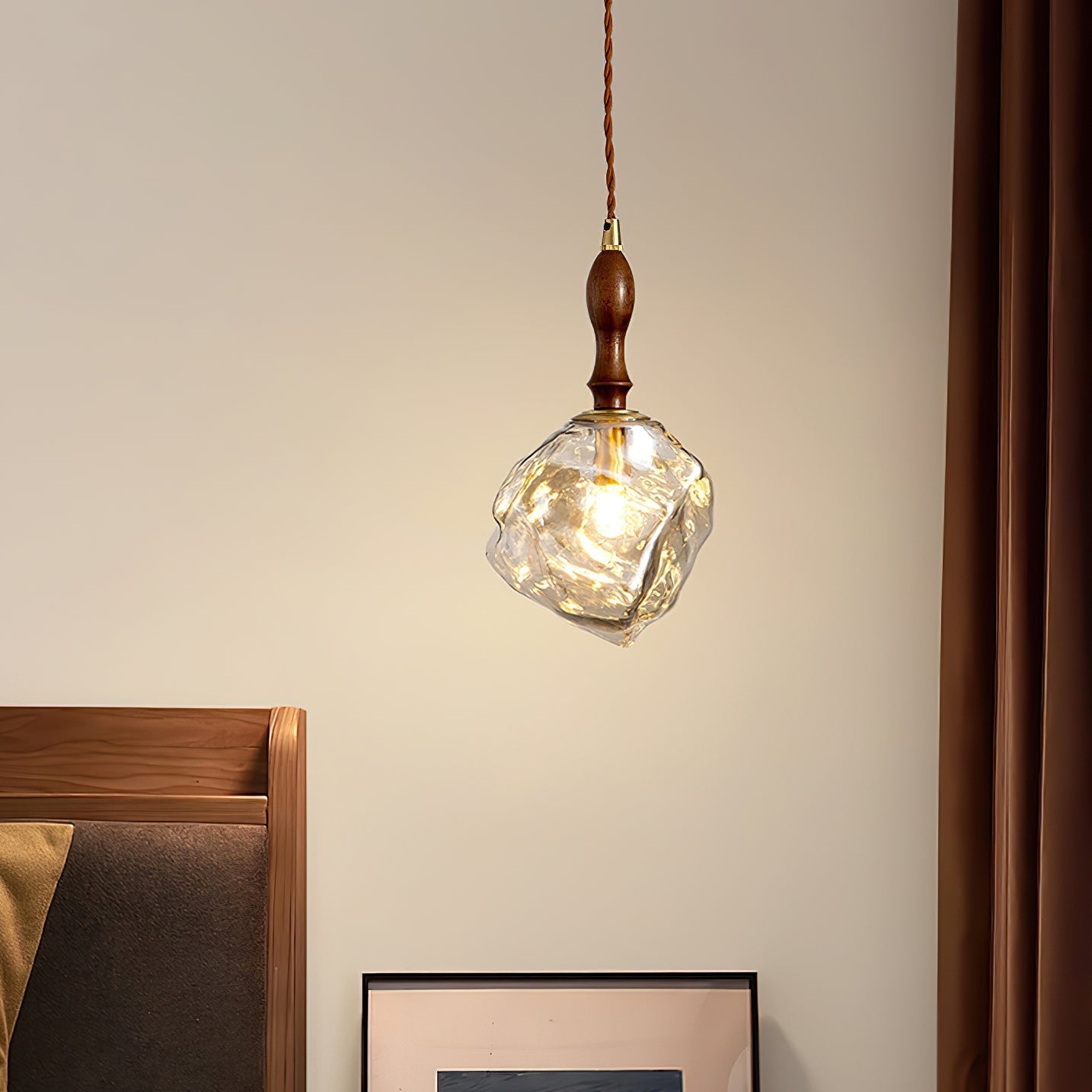 Pendant Lamp Walnut Wood Glass Cube Shade Sculptural Chic - Letslighting