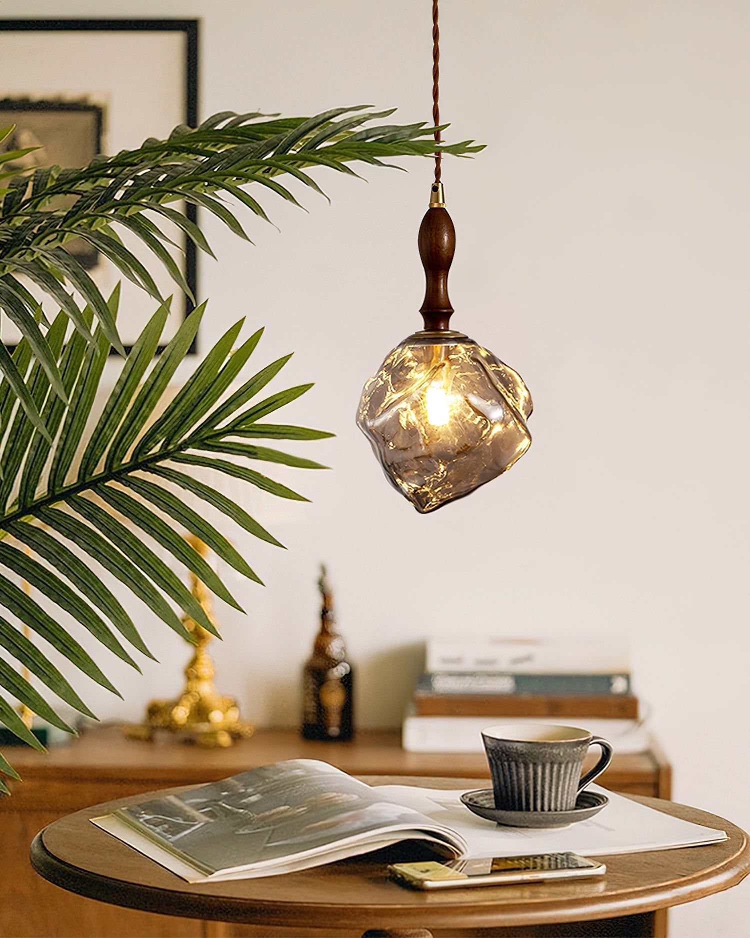 Pendant Lamp Walnut Wood Glass Cube Shade Sculptural Chic - Letslighting