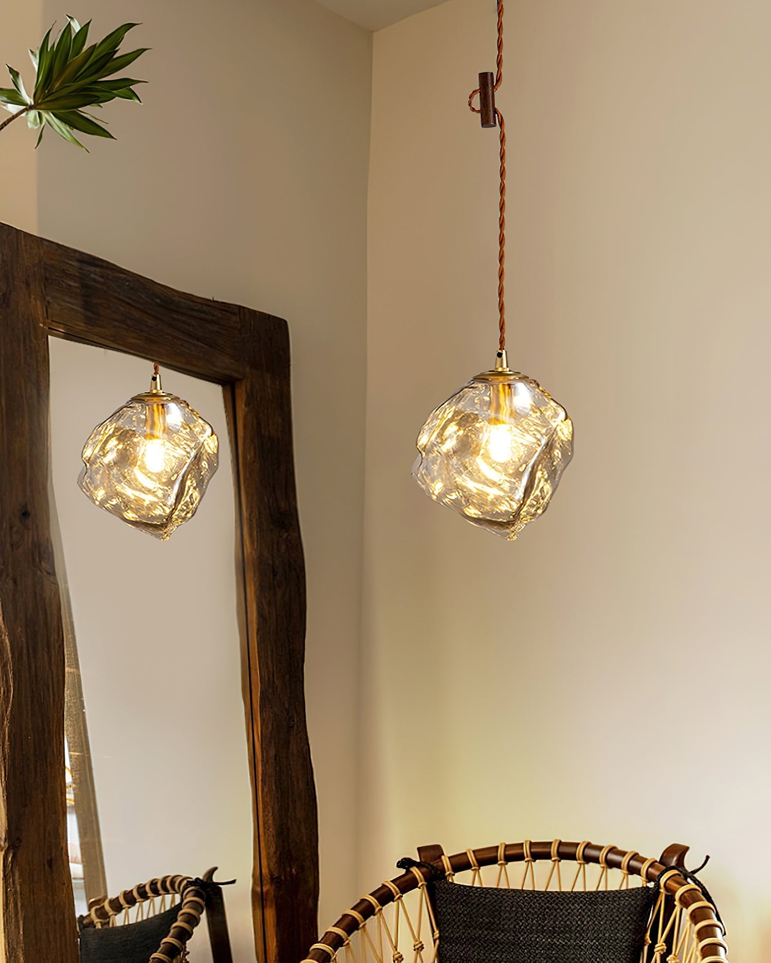 Pendant Lamp Walnut Wood Glass Cube Shade Sculptural Chic - Letslighting