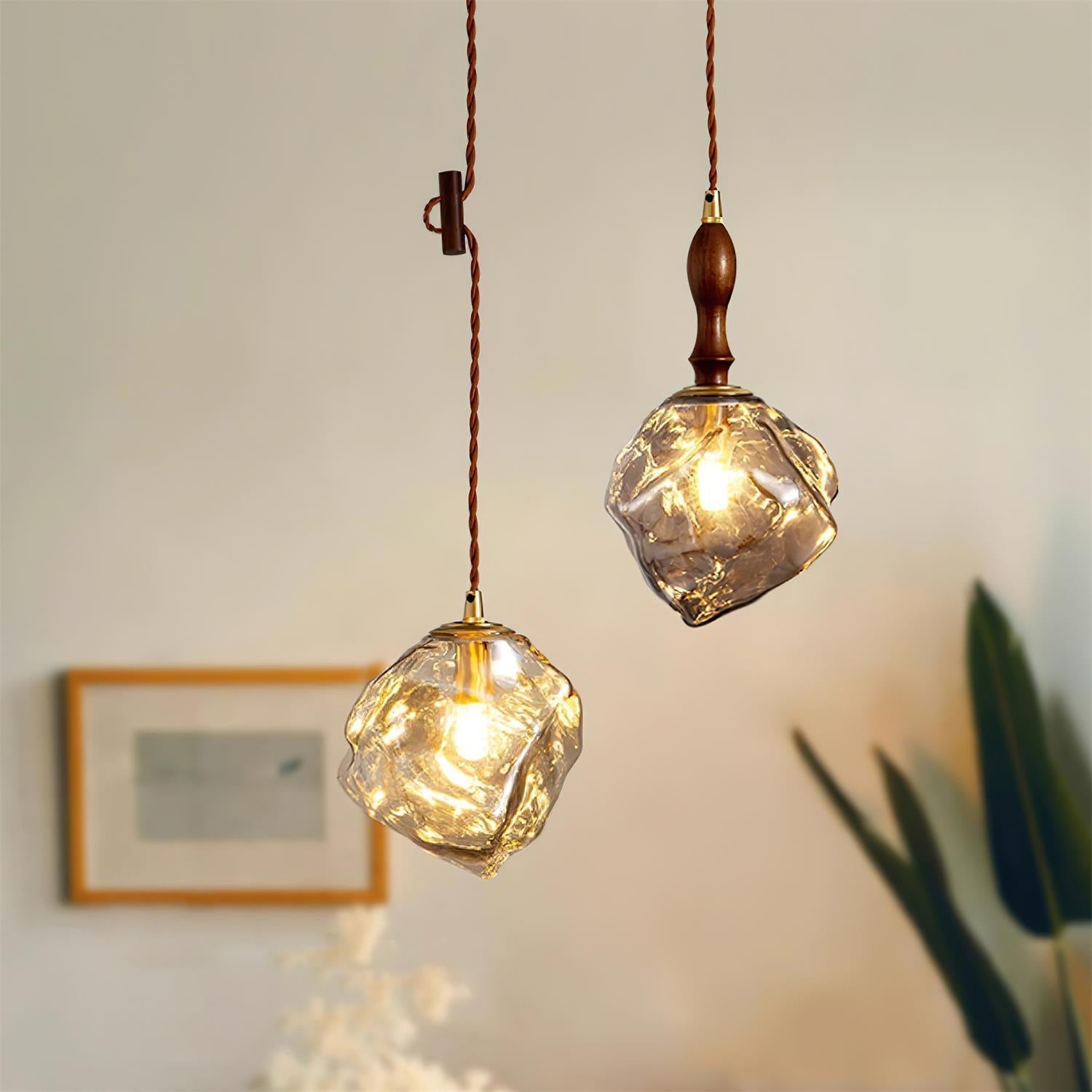 Pendant Lamp Walnut Wood Glass Cube Shade Sculptural Chic - Letslighting