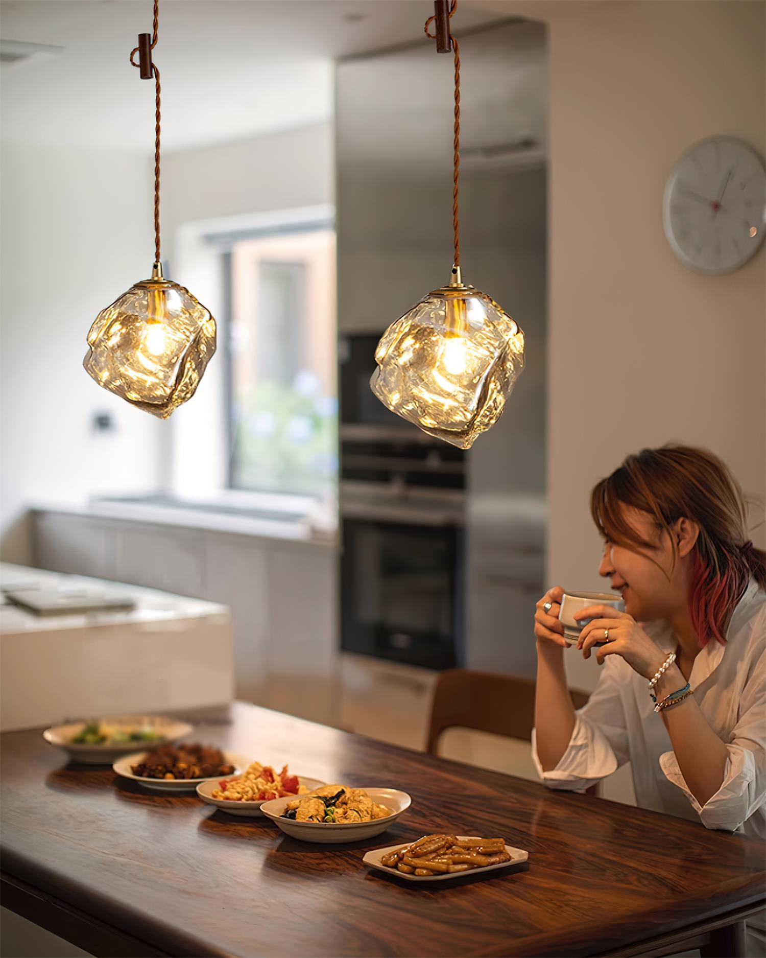 Pendant Lamp Walnut Wood Glass Cube Shade Sculptural Chic - Letslighting