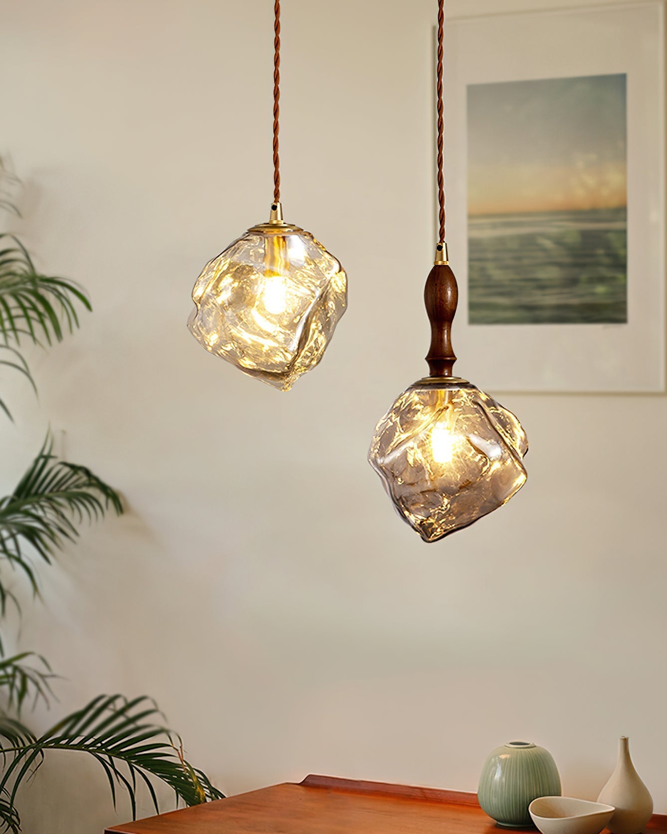 Pendant Lamp Walnut Wood Glass Cube Shade Sculptural Chic - Letslighting