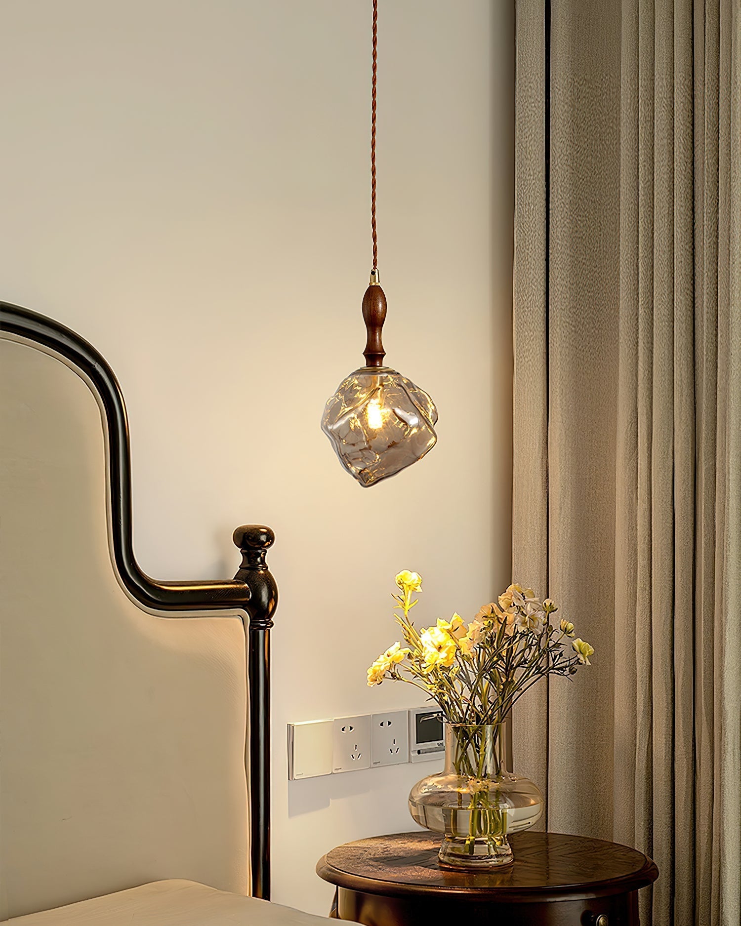 Pendant Lamp Walnut Wood Glass Cube Shade Sculptural Chic - Letslighting