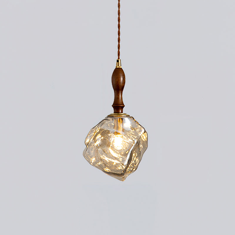 Pendant Lamp Walnut Wood Glass Cube Shade Sculptural Chic - Letslighting