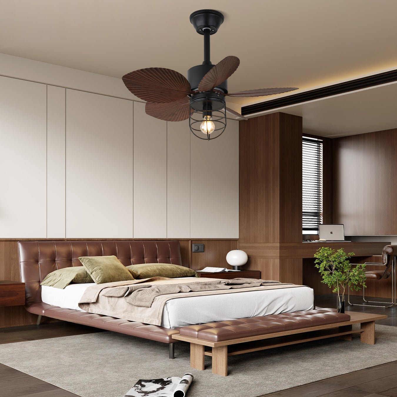 Vue rapprochée du plafonnier ventilateur Lunair montrant les pales en ABS et l'abat-jour en acrylique