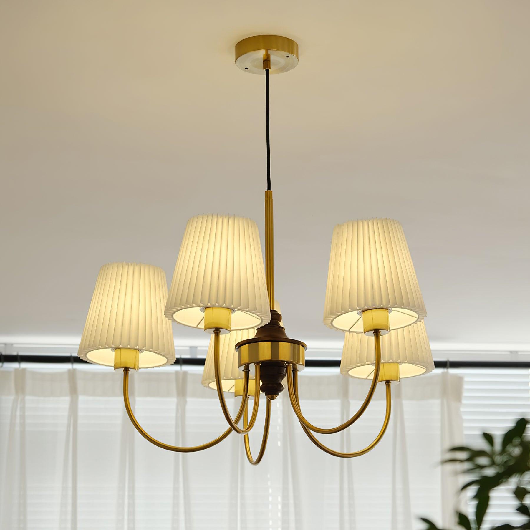 Jeremiah Chandelier Pleated Fabric Shades Brass Wood - Letslighting