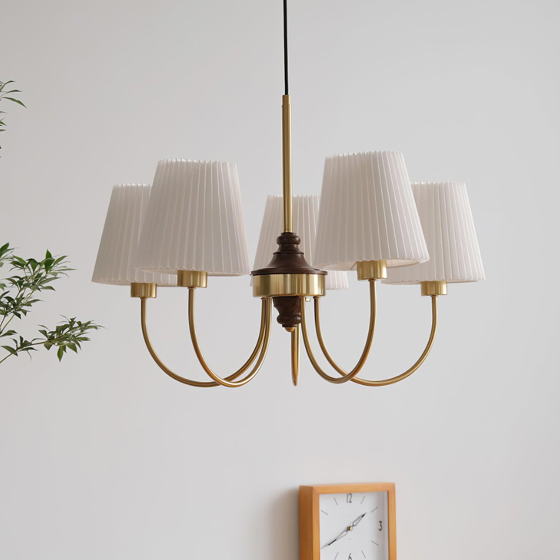 Jeremiah Chandelier Pleated Fabric Shades Brass Wood - Letslighting