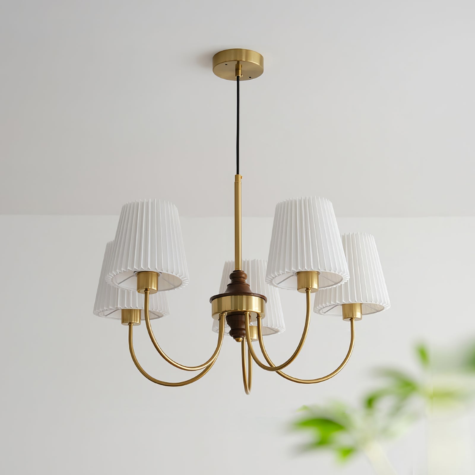 Jeremiah Chandelier Pleated Fabric Shades Brass Wood - Letslighting